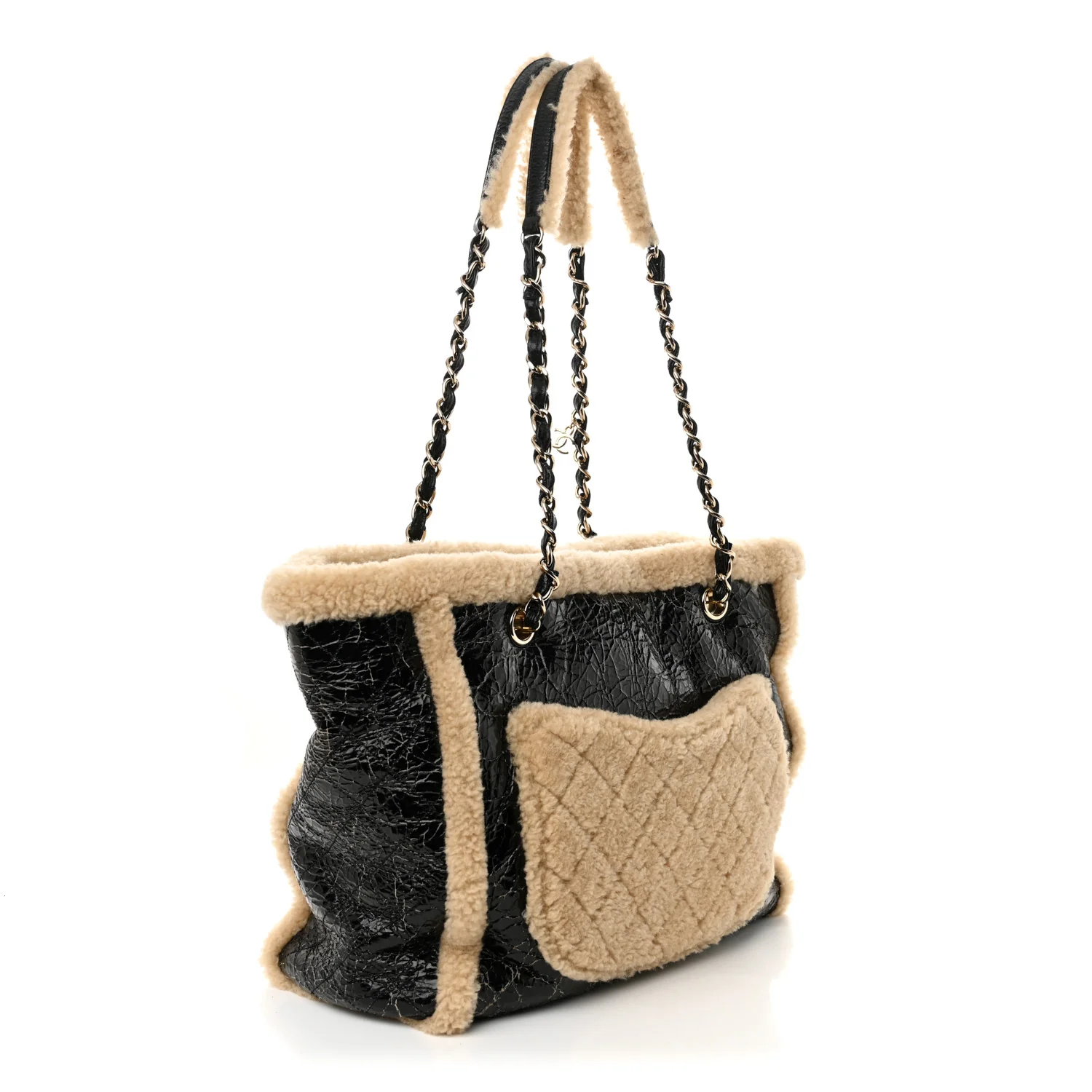 Shiny Crumpled Sheepskin Shearling CC Mania Tote Bag Black Beige - Top Club