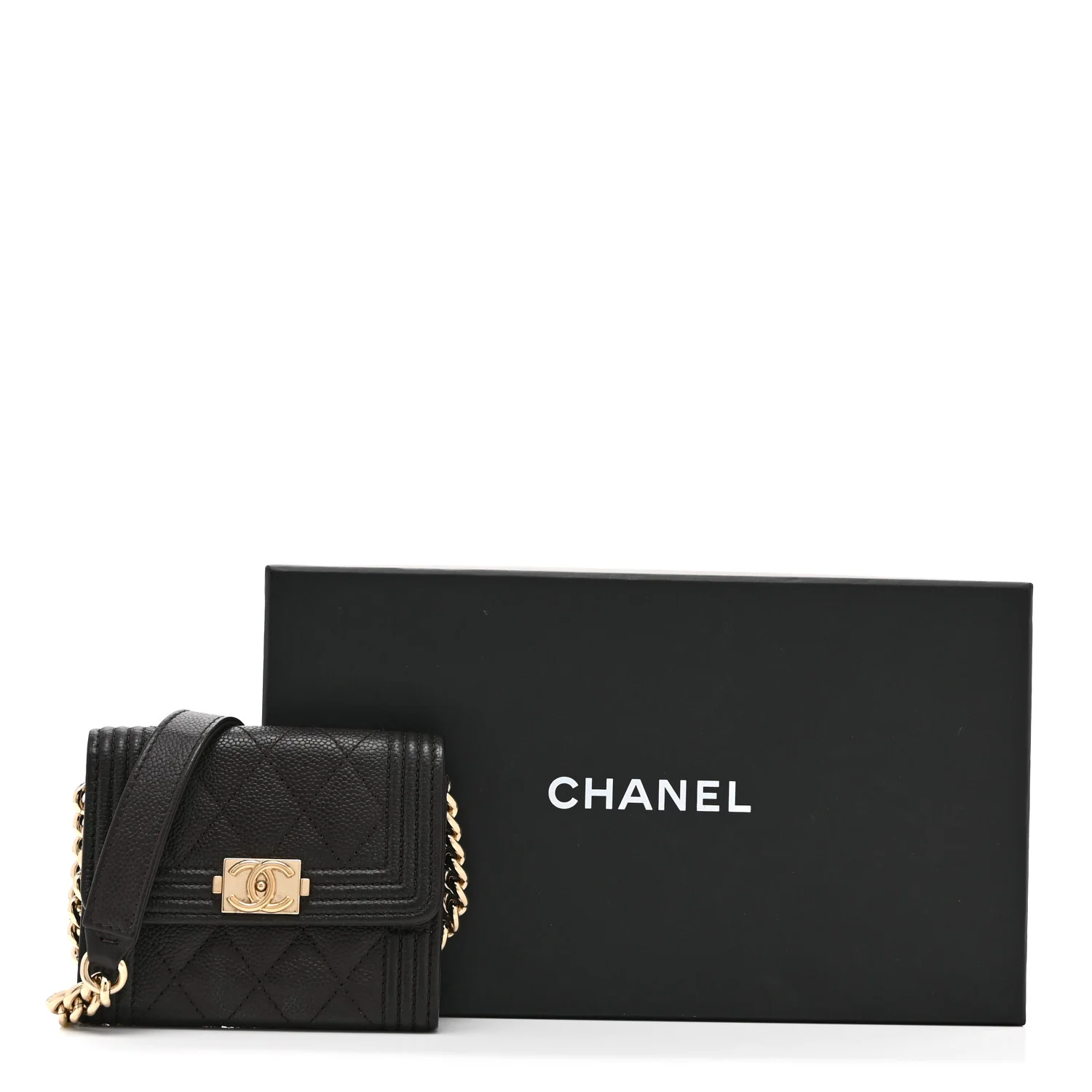 Caviar Quilted Boy Card Holder On Chain Black - Top Club