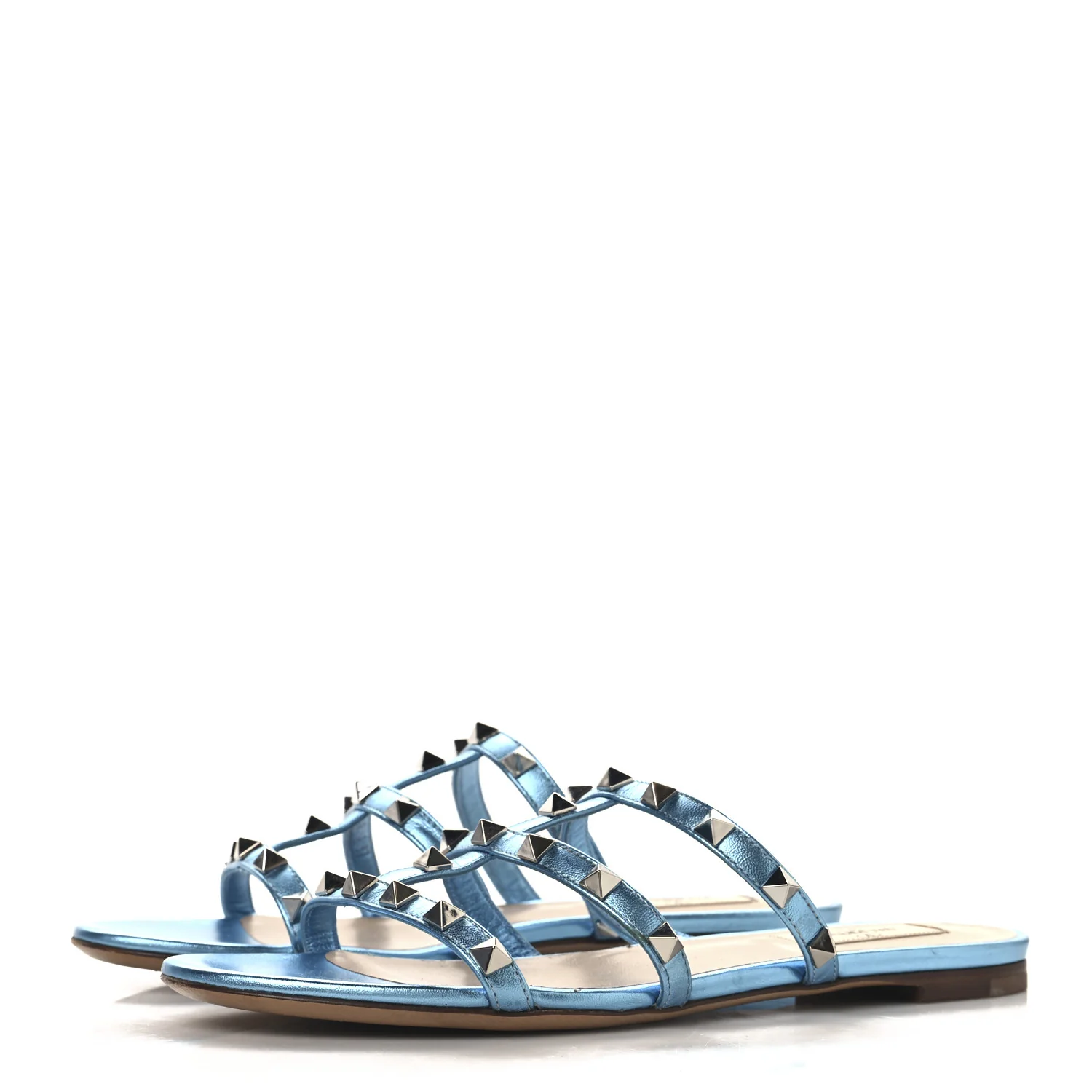Metallic Nappa Rockstud Caged Flat Slide Sandals 37 Cerulean - Top Club