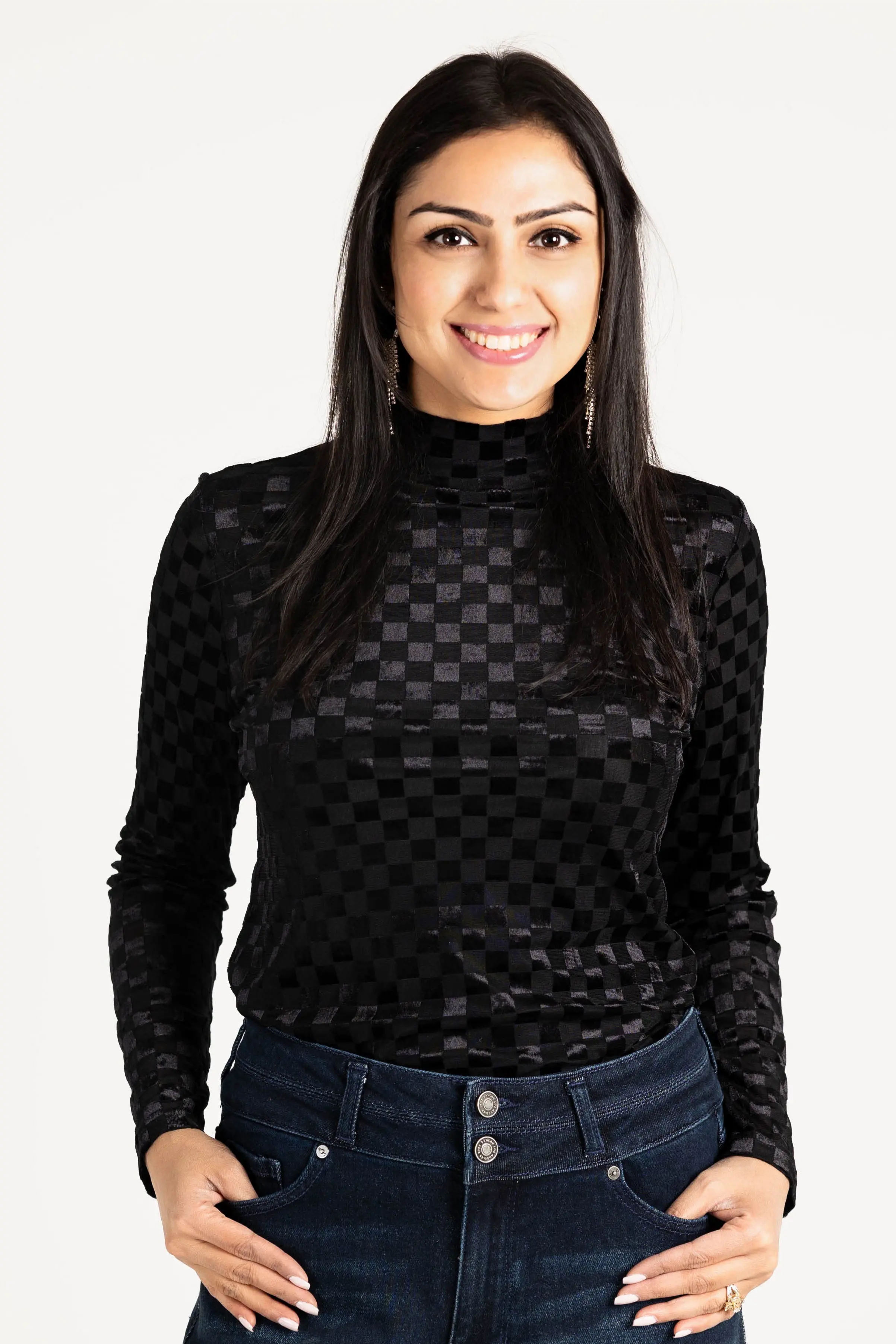 Everybody Needs Someone Velvet Checker Mock Neck Top - ALJEGJ