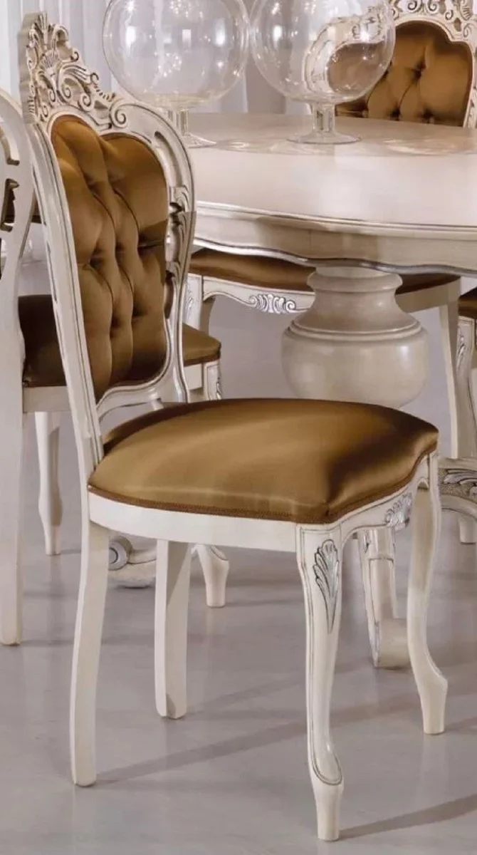Luxury Baroque Dining Room Chair Set Brown / Cream / Silver - Handmade Kitchen Chairs Set of 6 - Baroque Dining Room Furniture - Luxury Quality - Made in Italy