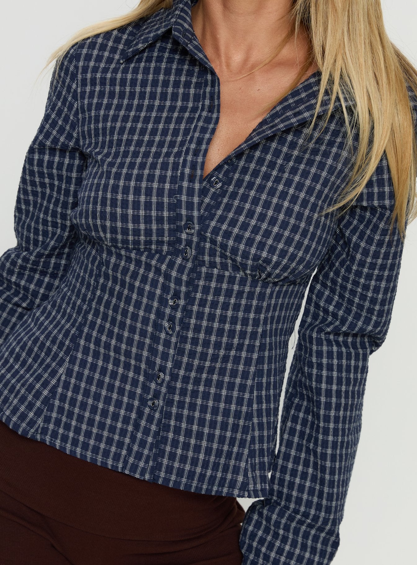 Cottesloe Long Sleeve Blouse Top Navy Check