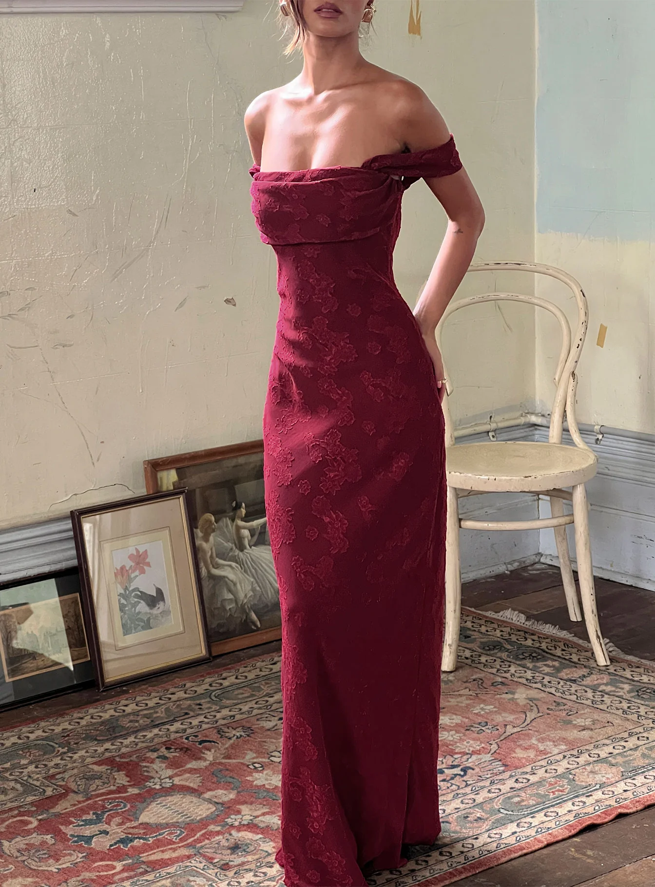 Azura Off The Shoulder Maxi Dress Burgundy