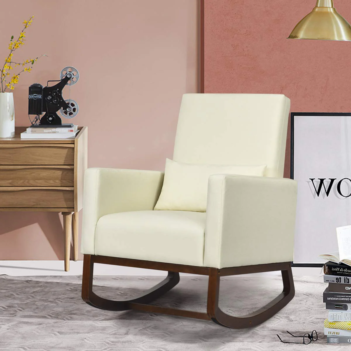 BEFOUNDLOVELY Upholstered Rocking Chair, Modern High Back Armchair, Comfortable Rocker with Fabric Padded Seat, Waist Pillow