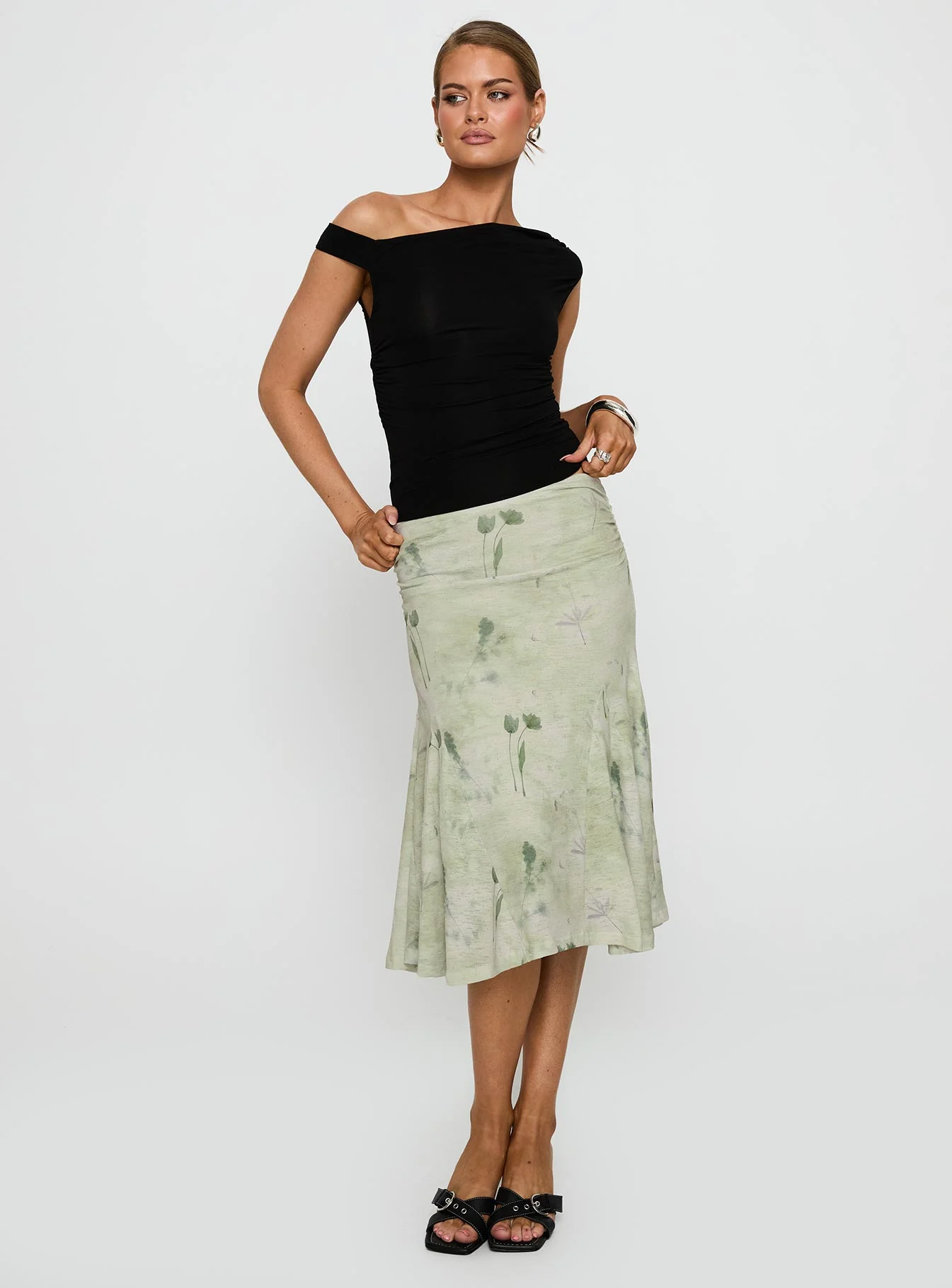 Lewish Low Rise Midi Skirt Green Floral