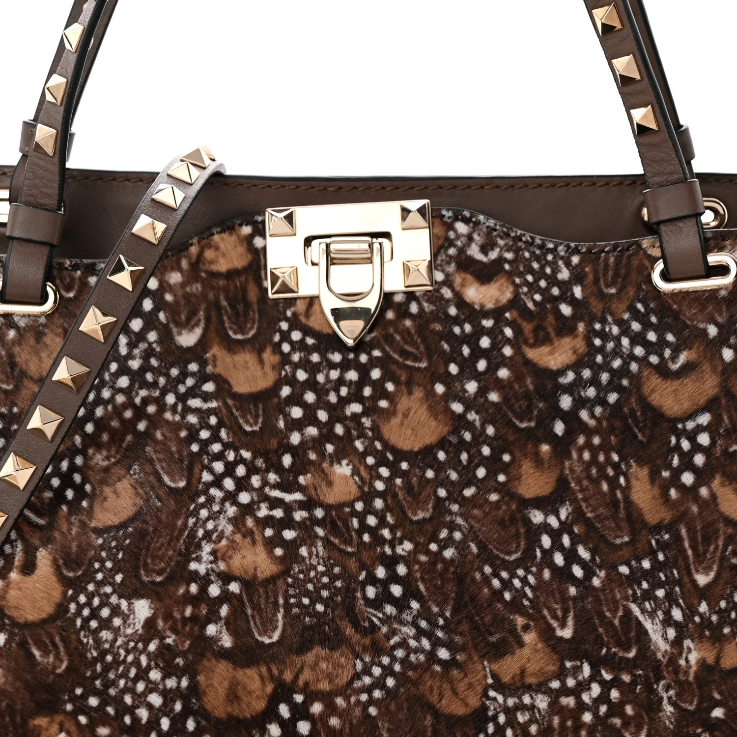 Calf Hair Feather Medium Rockstud Tote Brown - Top Club