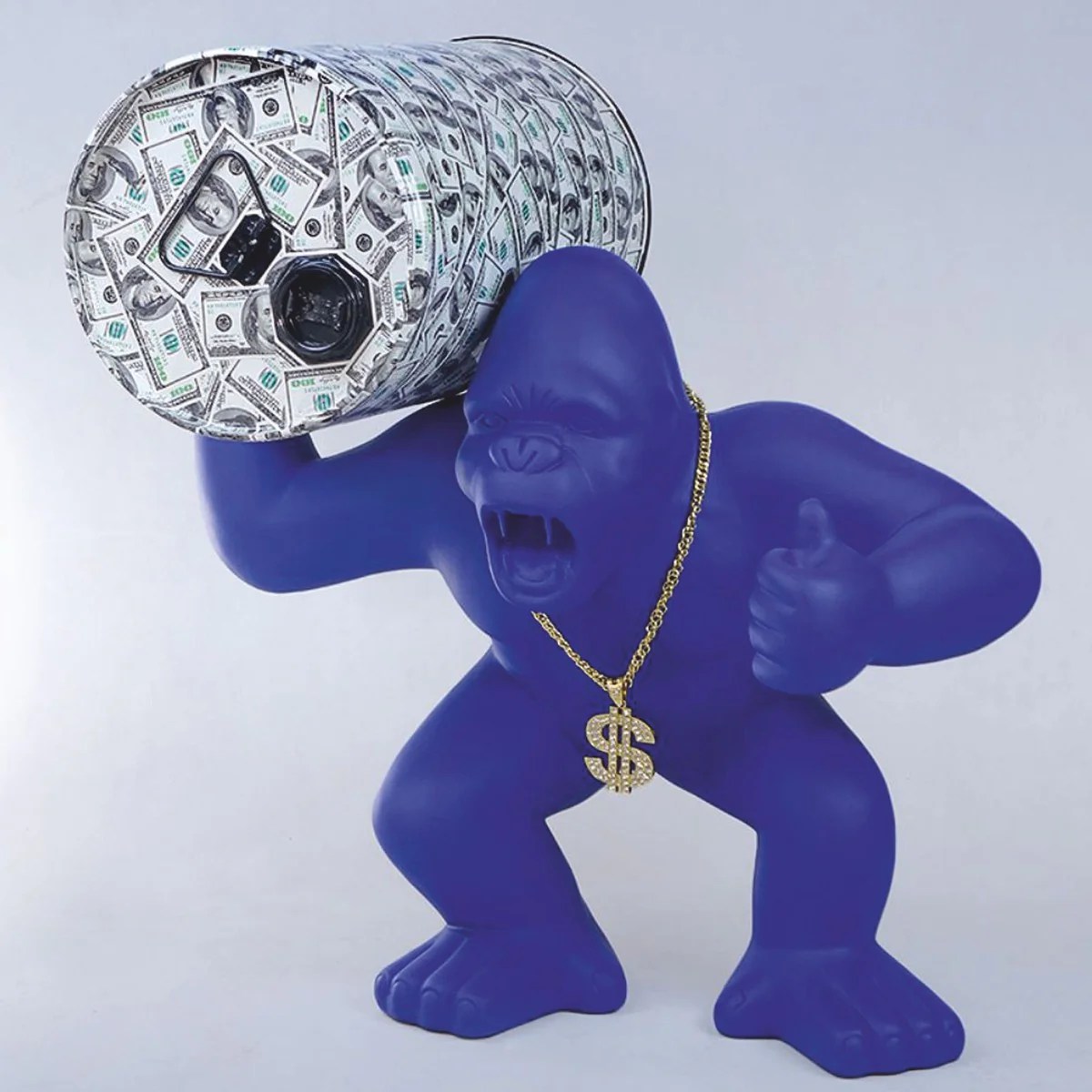 Decorative sculpture gorilla with barrel blue H. 110 cm - large decorative figure