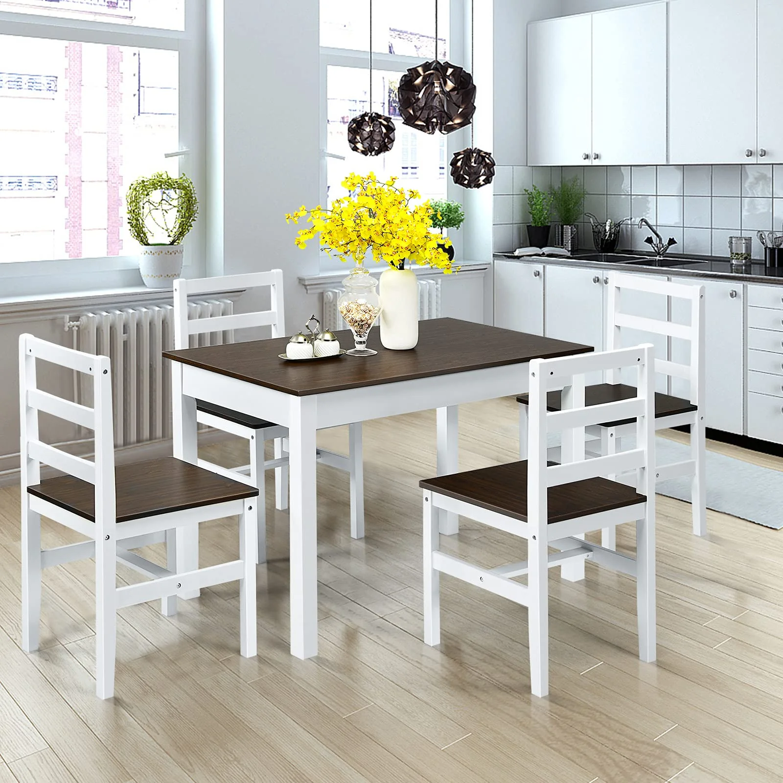 BEFOUNDLOVELY 5 Piece Dining Set of 4, Solid Wood Rectangular Table & 4 Chairs, Farmhouse Dinette Set w/Pine Wood Legs