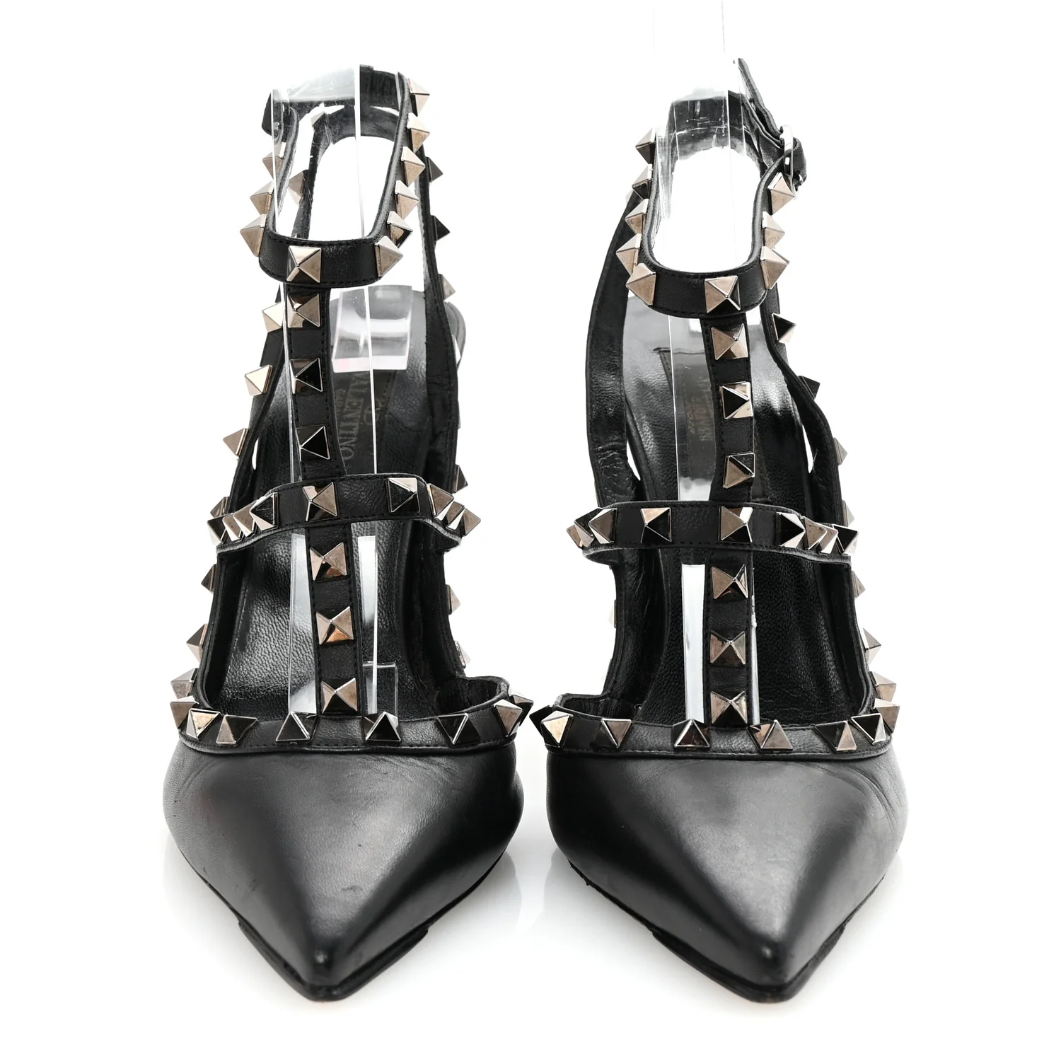 Calfskin Nappa Rockstud Ankle Strap 100mm Pumps 37 Black - Top Club