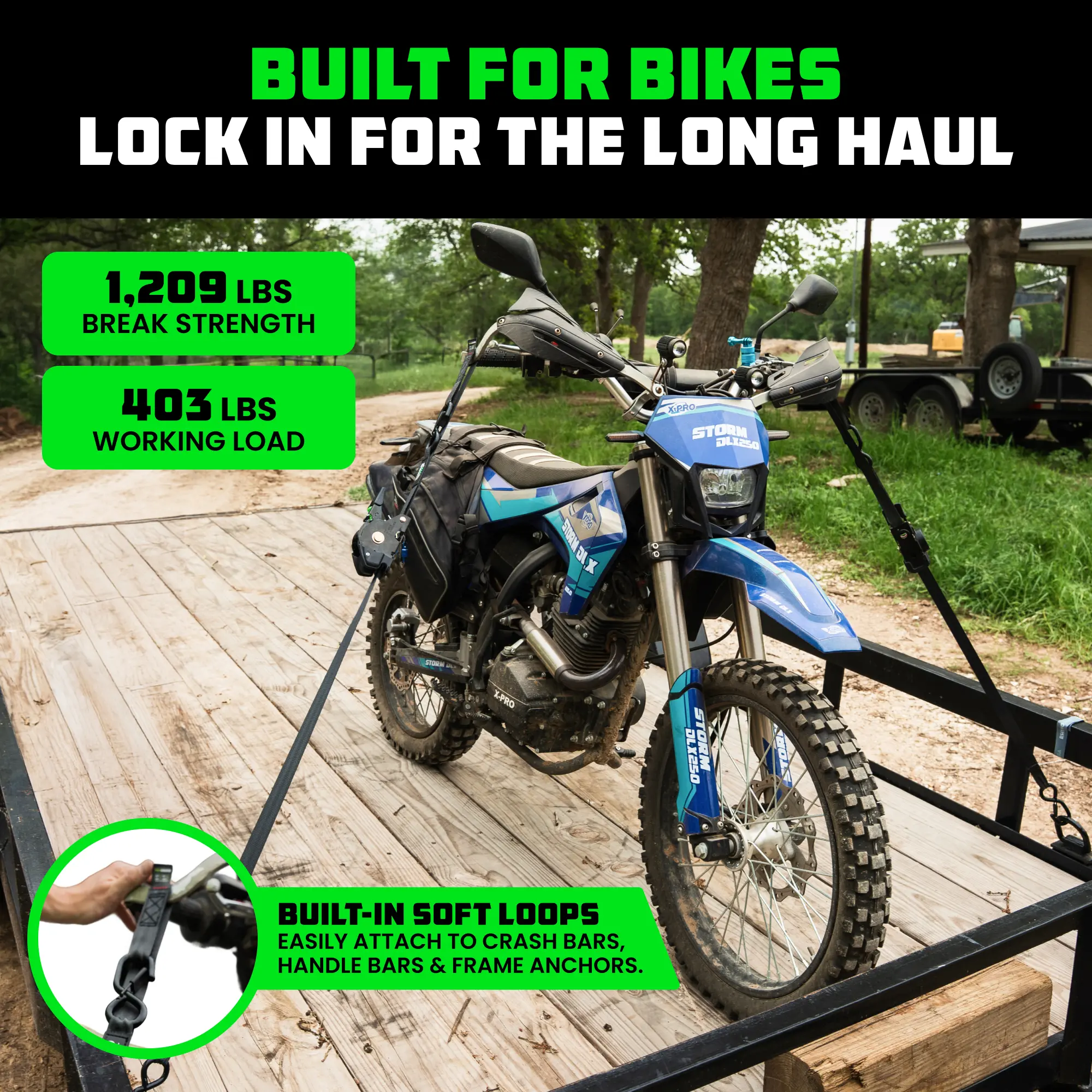 Rhino USA Retractable Motorcycle Tie Down Straps with Integrated Soft Loops & Safety Clip S-Hooks – Heavy Duty Motorcycle Ratchet Straps for Motorcycles, Dirt Bikes, UTVs & Powersports