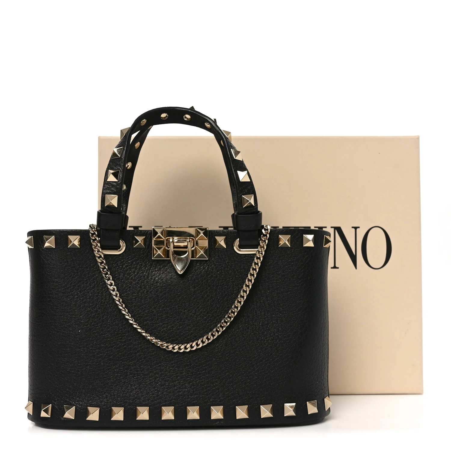 Grainy Calfskin Mini Rockstud Shopping Bag Black - Top Club