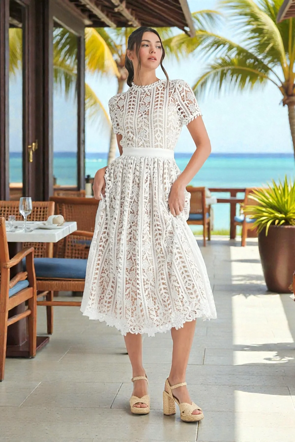 Sunset Stroll Short Sleeve Lace Midi Dress - ALJEGJ