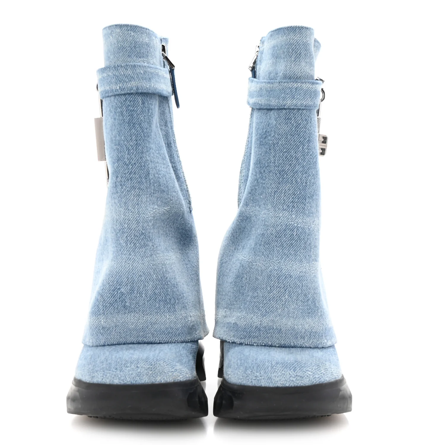 Washed Denim Shark Lock Biker Ankle Boots 35 Blue - Top Club