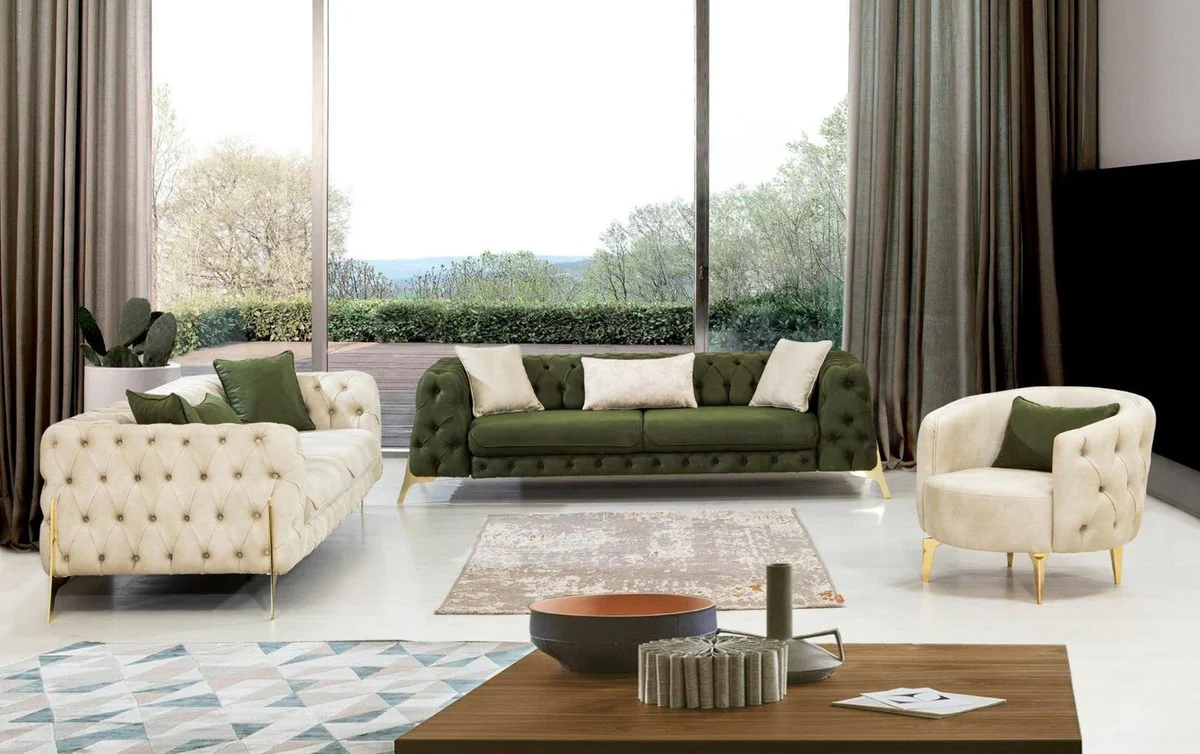 Luxury Chesterfield armchair cream / gold 90 x 95 x H. 75 cm - Modern living room armchair - Chesterfield living room furniture