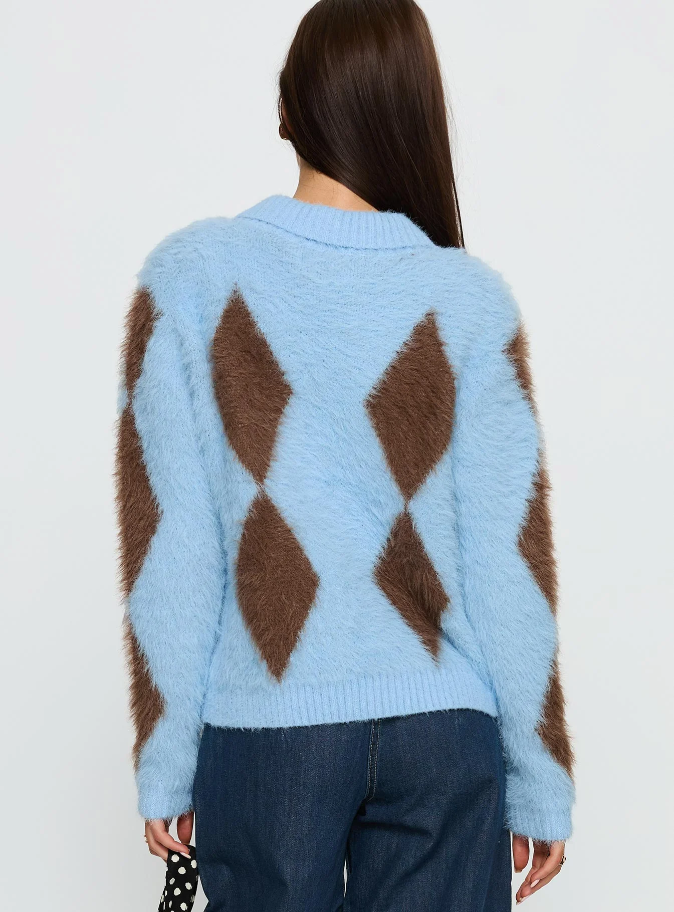 Lynnsey Fluffy Collared Knit Sweater Blue Argyle