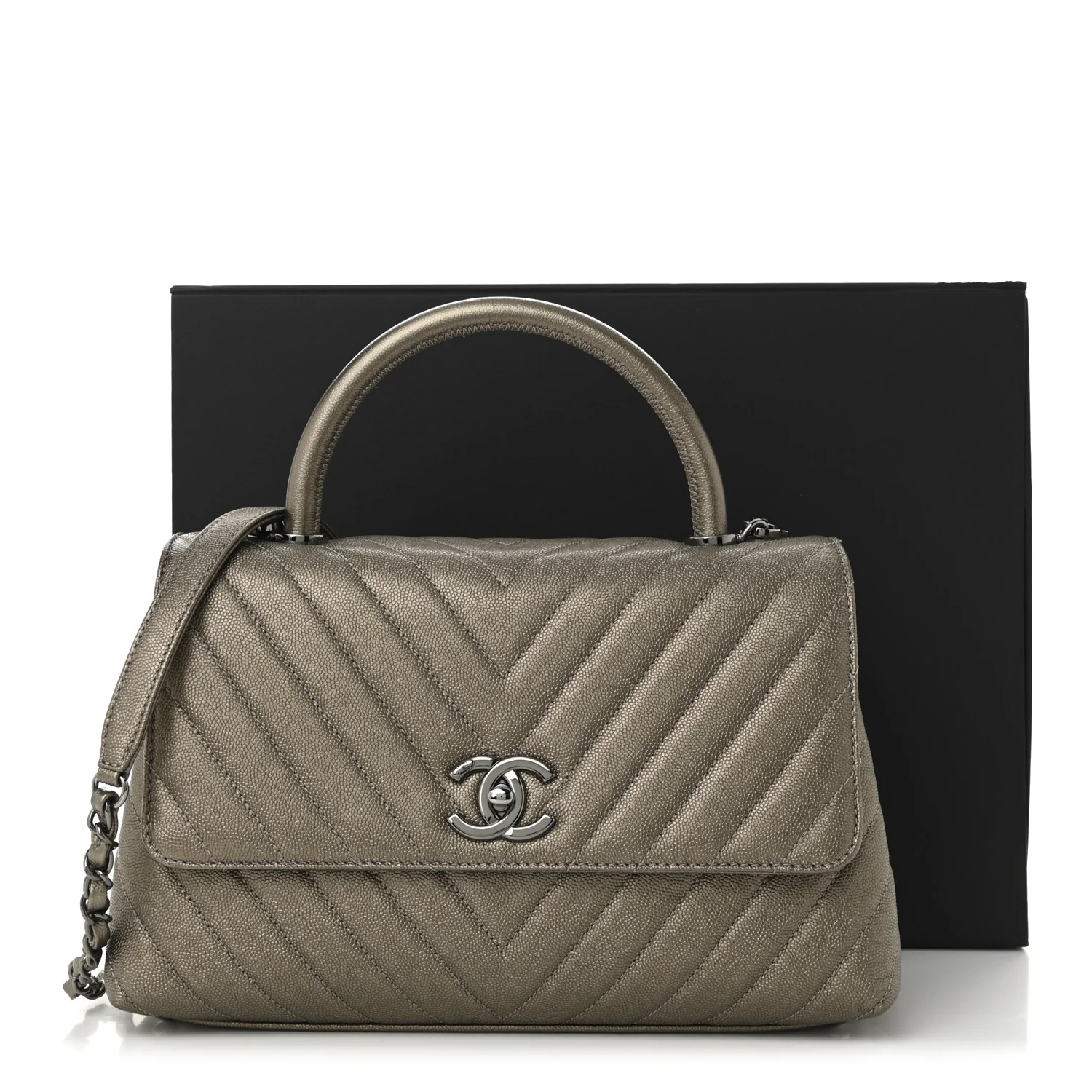 Metallic Caviar Chevron Quilted Small Coco Handle Flap Light Gold - Top Club