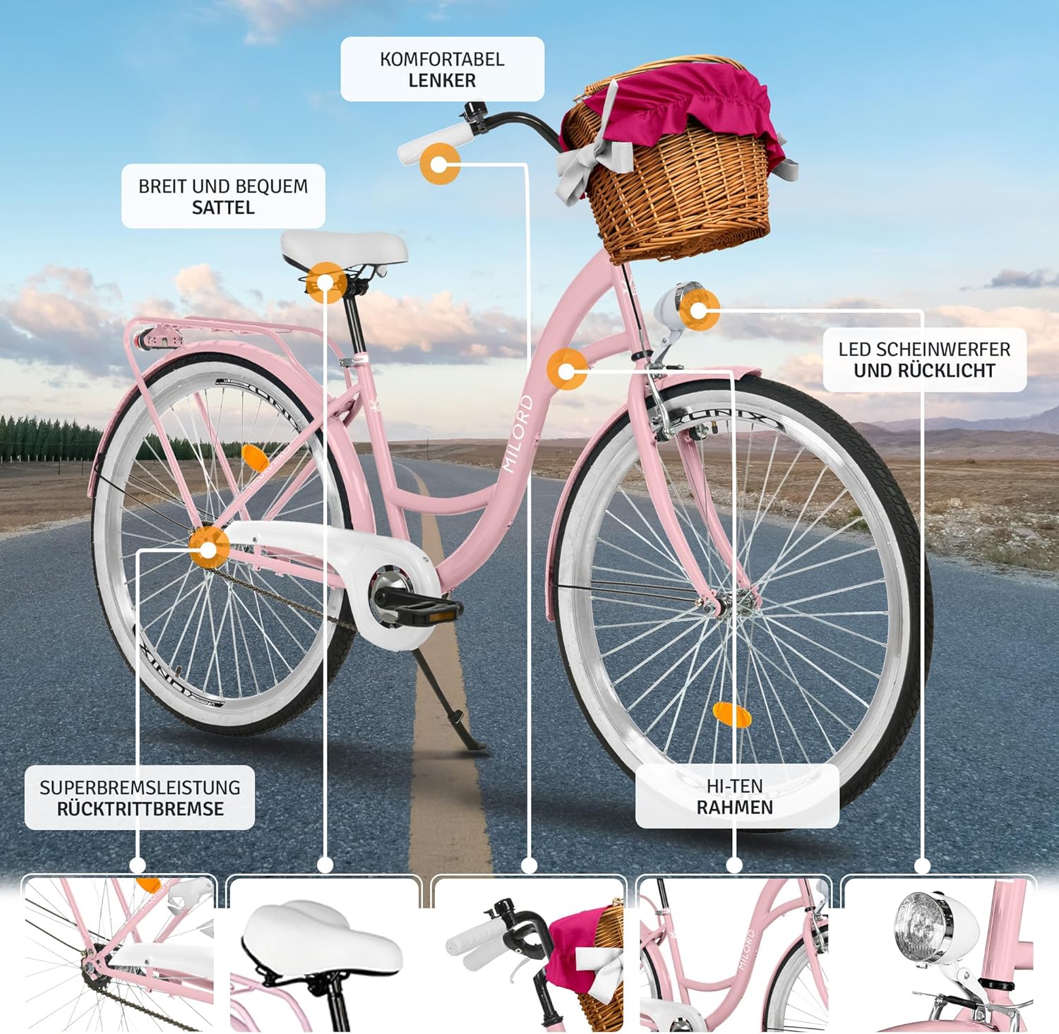 MILORD Bicicletta da donna City Bike Comfort con cestino in vimini vintage bicicletta 26,28 pollici, 1 marcia
