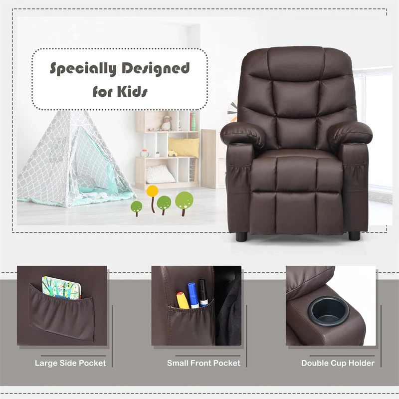 Eletriclife Kids Recliner Chair PU Leather Adjustable Lounge Sofa with Cup Holder