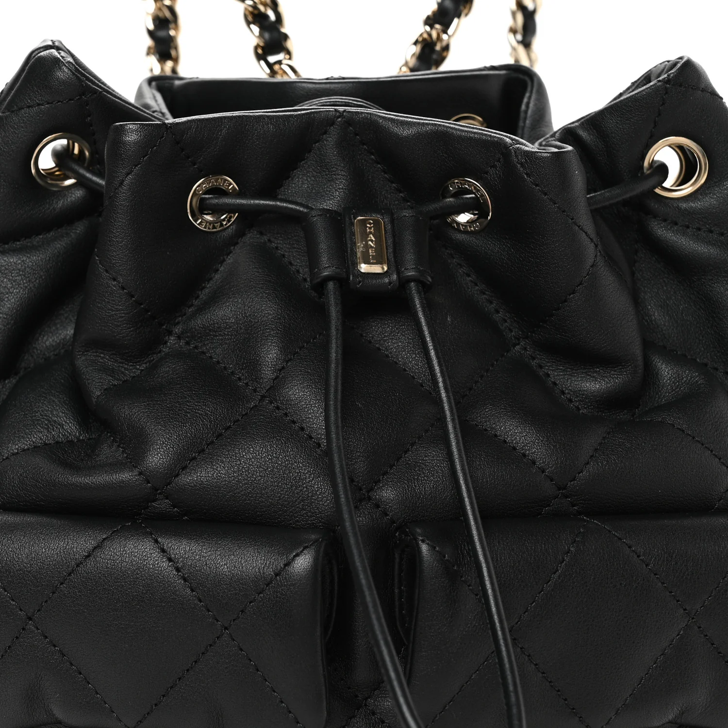 Lambskin Quilted Double Pocket Drawstring Backpack Black - Top Club