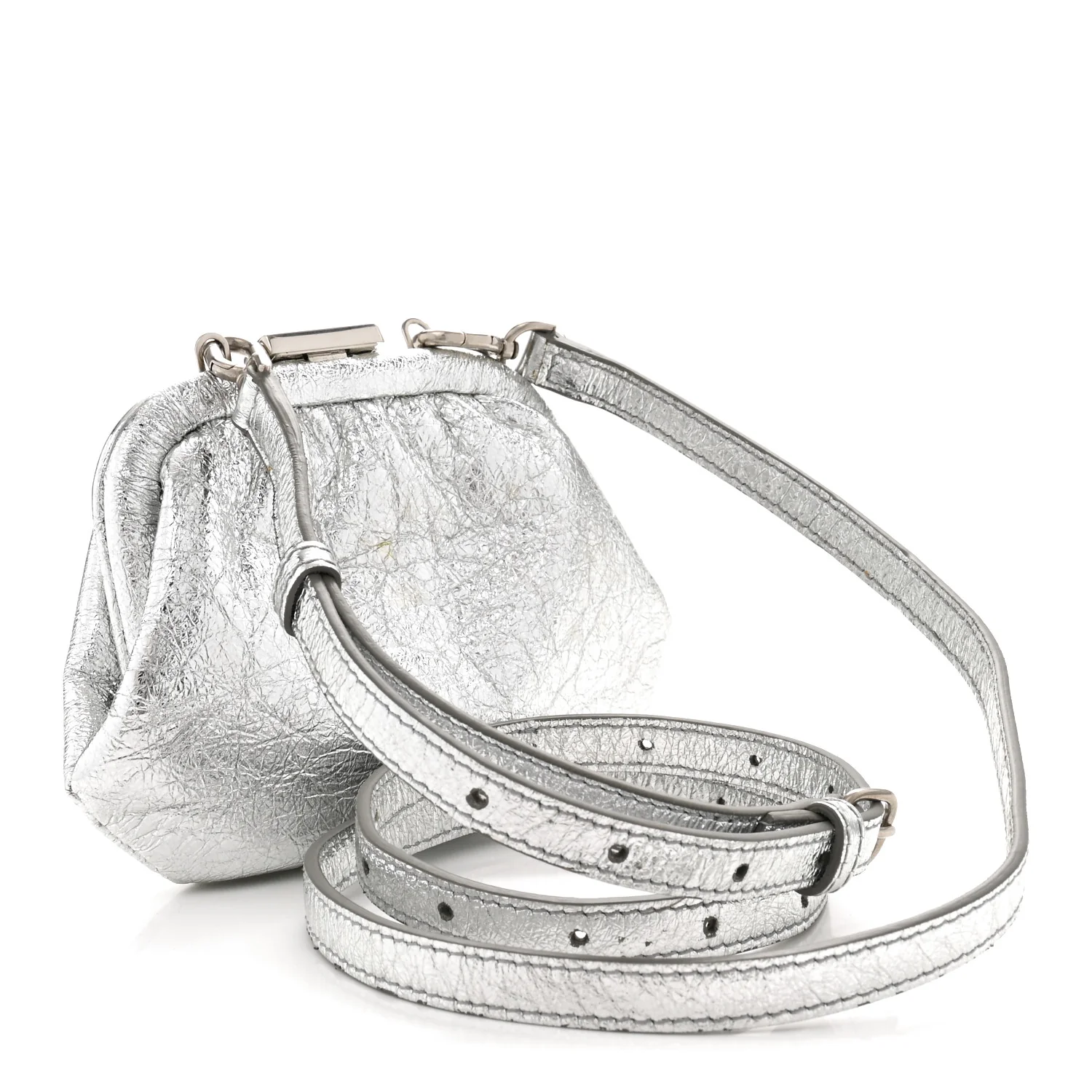 Metallic Textured Calfskin Logo Cloud Coin Purse With Strap Silver - Top Club