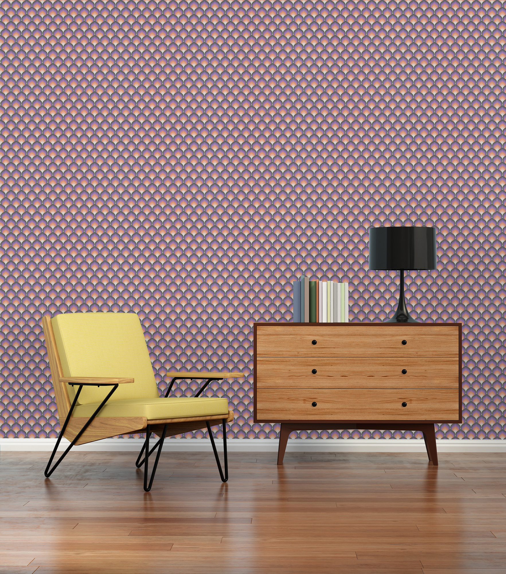 Retro behang met abstract schaalpatroon - oranje, zwart, paars Retro-stijl behang met abstract schaalpatroon - oranje, zwart, paars #1