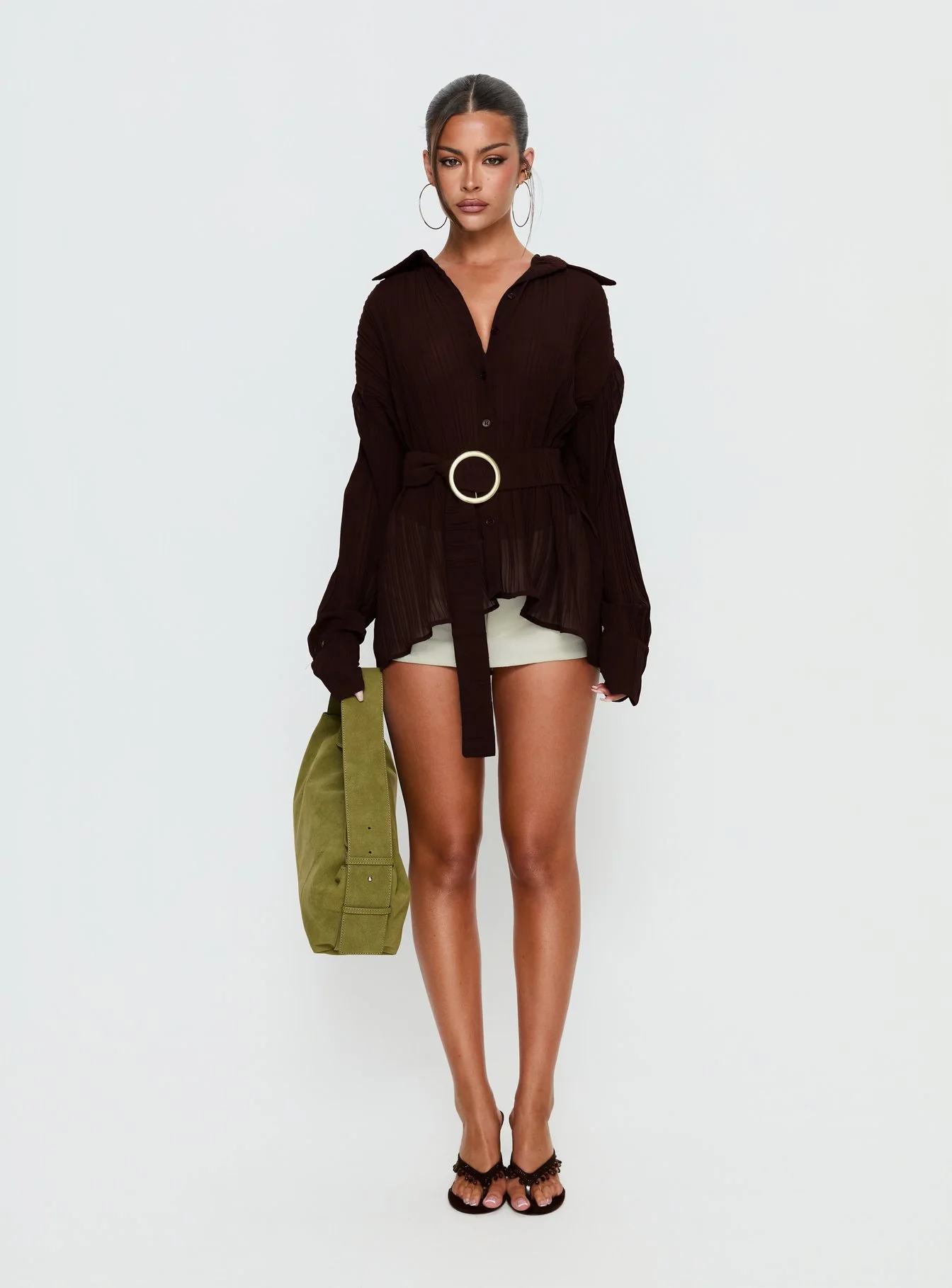 Rhiane Belted Long Sleeve Shirt Chocolate