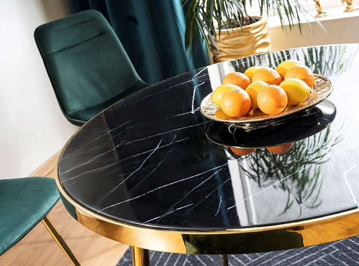 Luxury dining table black / gold Ø 100 x H. 75 cm - Round dining room table with glass top in marble look - Dining room furniture - Kitchen furniture