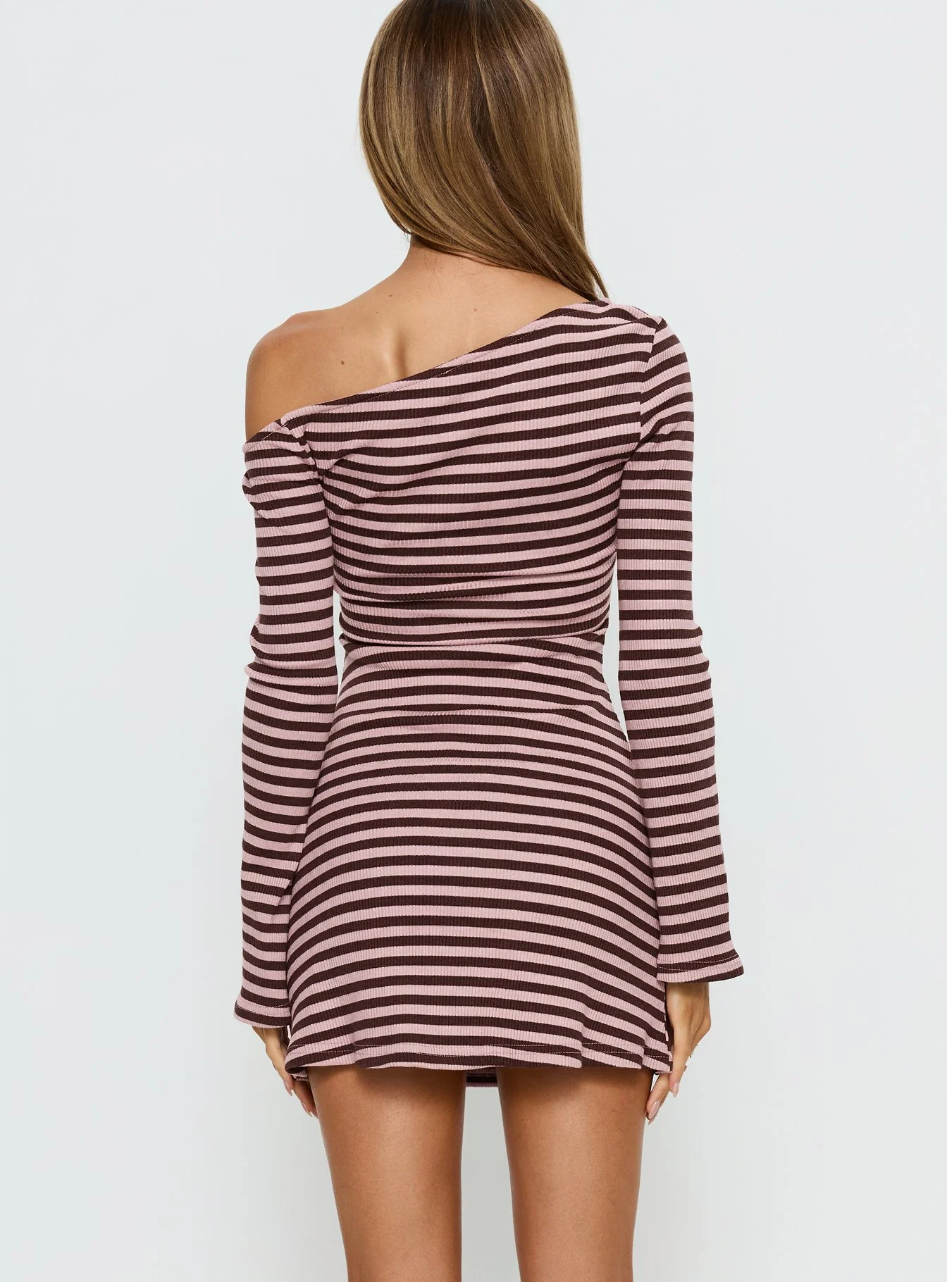Adrietta Long Sleeve Off Shoulder Mini Dress Chocolate / Pink Stripe