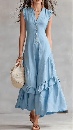 Women's Cotton-Blend Light Blue V-Neck Ruffle Sleeveless Dress - Nordfashionstorm - Women's Clothing, Fashion for You - Nordfashionstorm.com