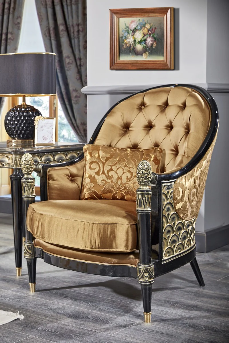 Luxury Baroque Chesterfield armchair gold / black 80 x 91 x H. 101 cm - Baroque living room furniture