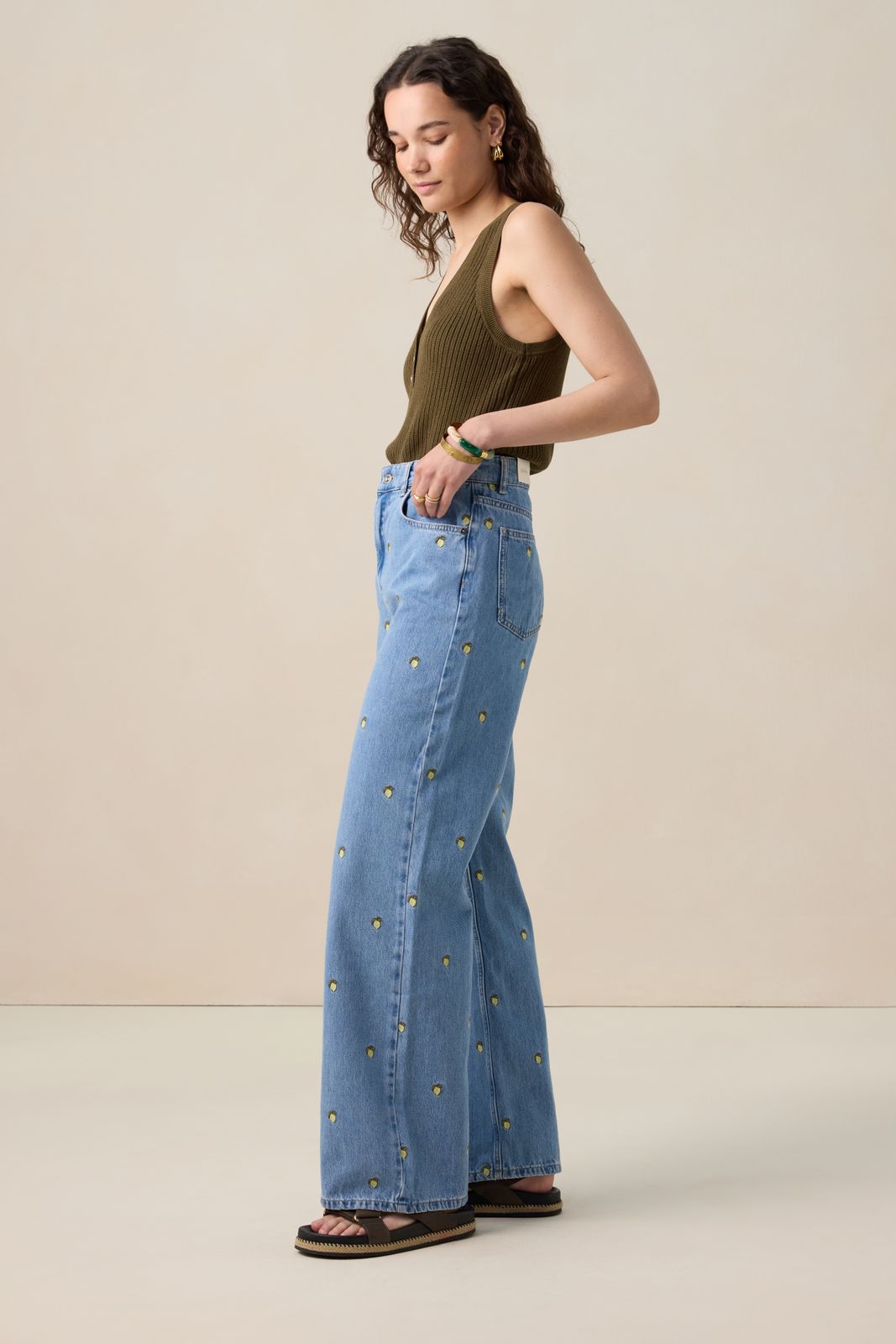 Blauwe high waist denim broek met embroidery
