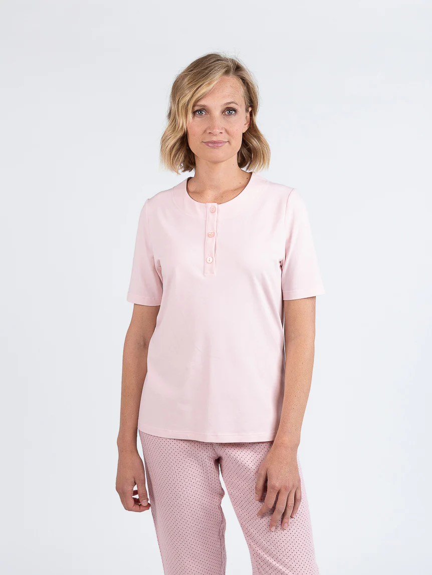 Pyjama femme col rond en coton rose