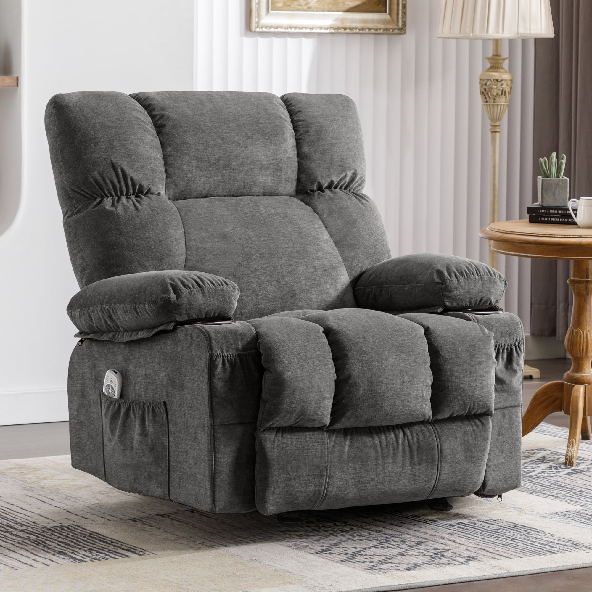 JONPONY Manual Recliner Chair with Heat Therapy and Massage Function, Heavy Duty Reclining Mechanism Massage Chair, Elderly Single Rocker Sofa with Cup Holders for Bedroom Home Theater, Grey