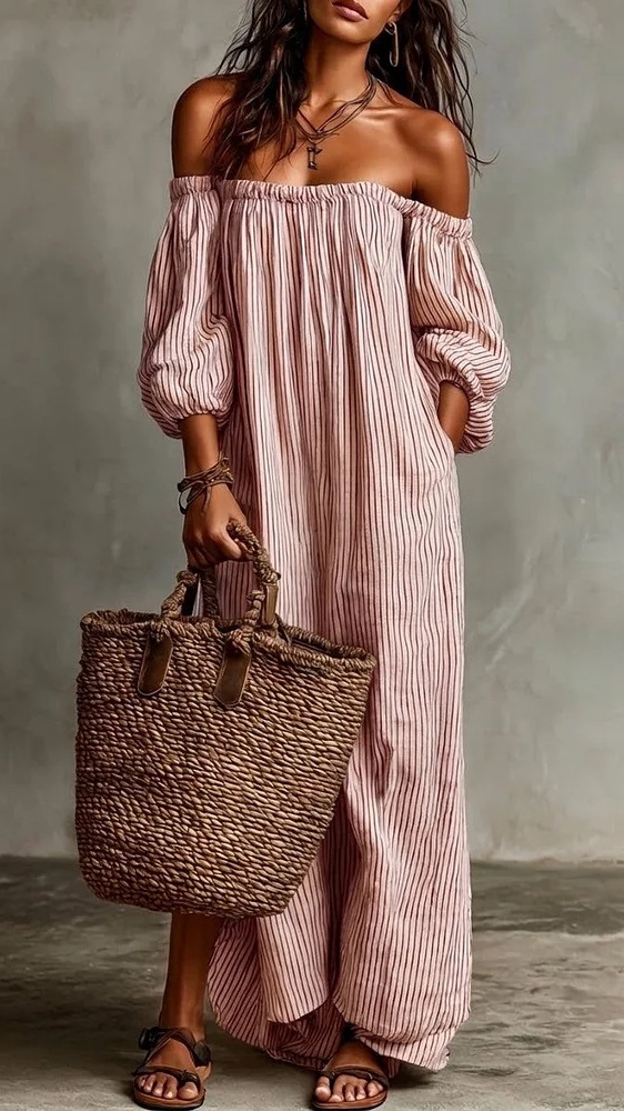 Women's Striped Off-Shoulder Cotton-Linen Vacation-Style Dress - Nordfashionstorm - Women's Clothing, Fashion for You - Nordfashionstorm.com