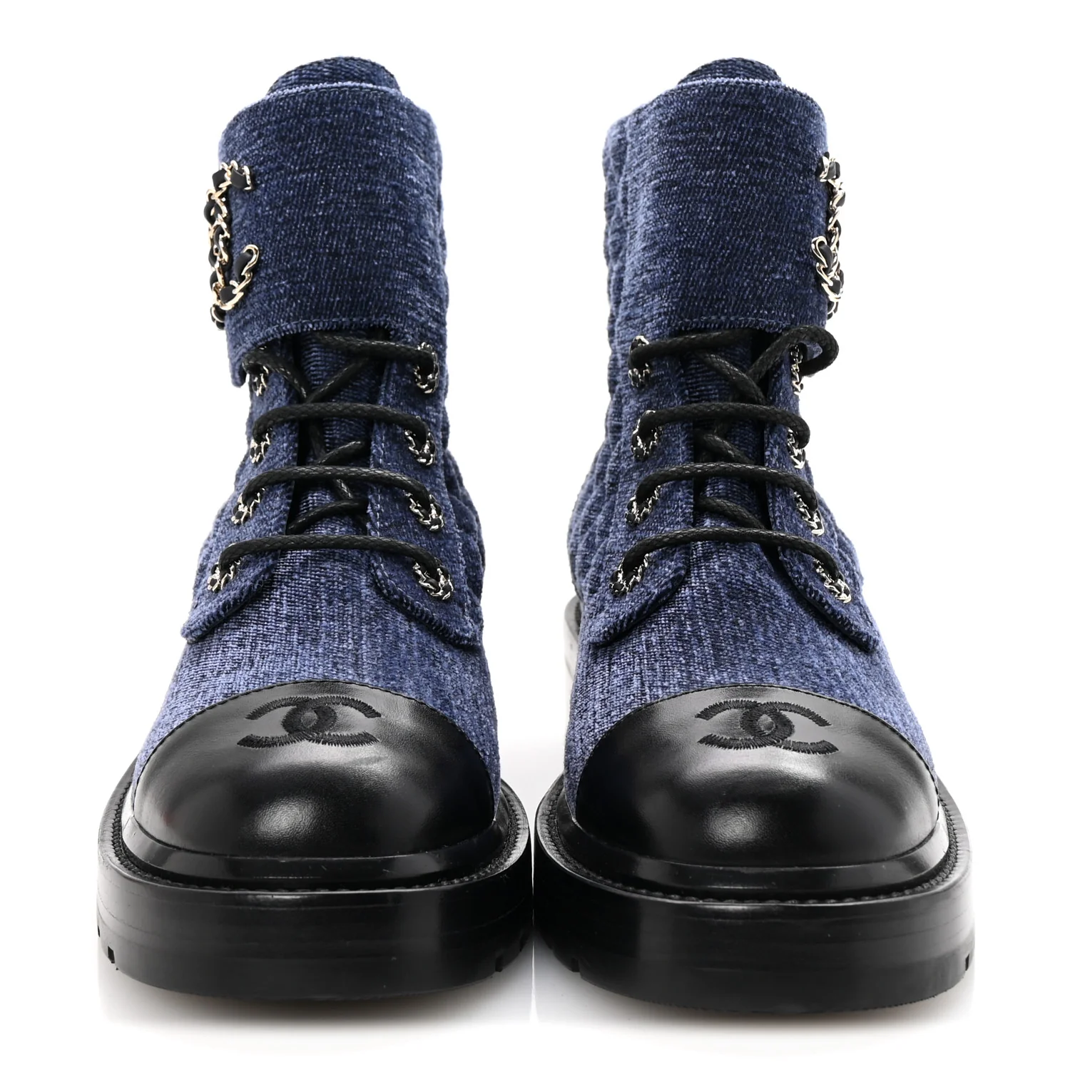 Shiny Calfskin Velvet Quilted Lace Up Combat Boots 38.5 Blue Black - Top Club