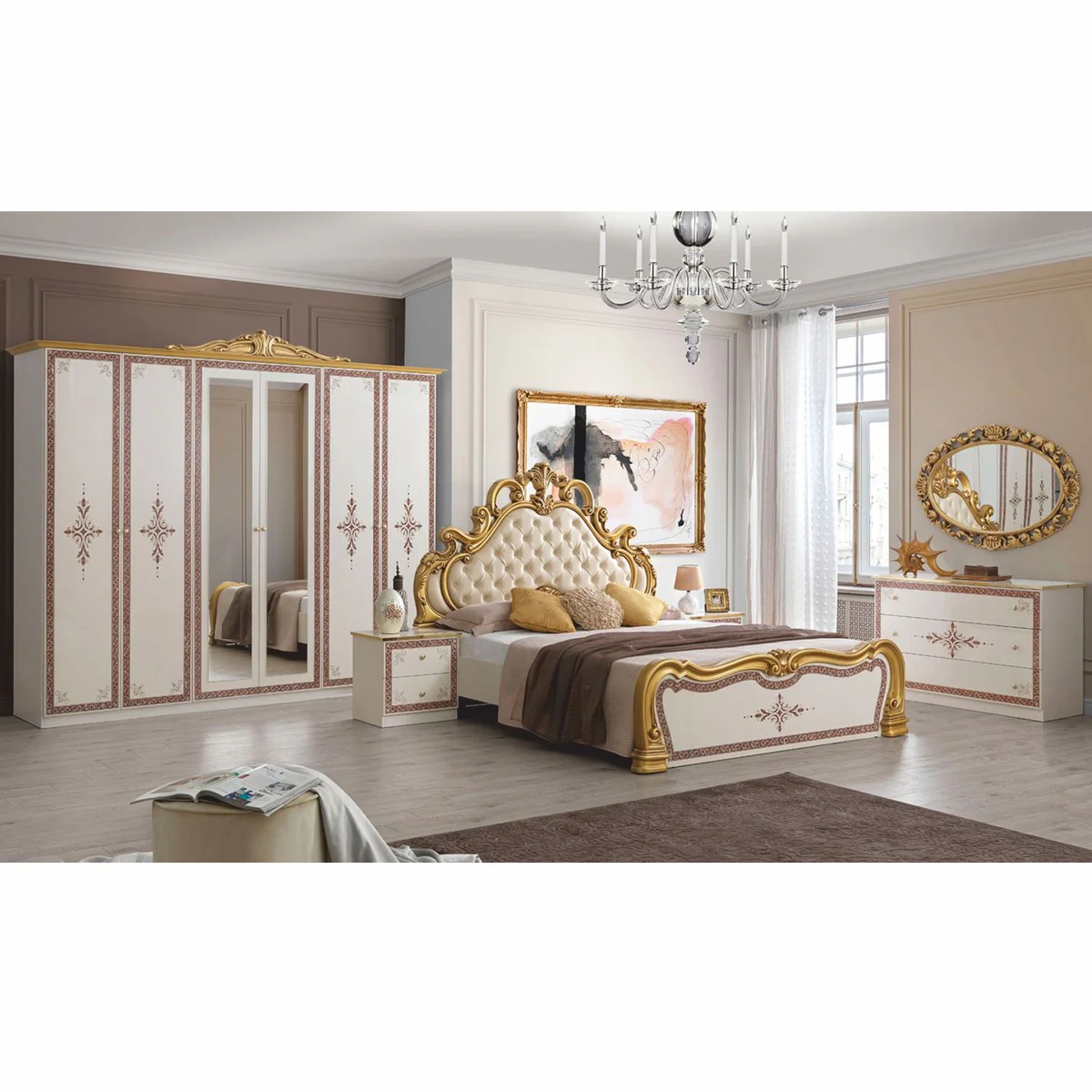 Luxury Baroque Double Bed Cream / White / Brown / Gold - Baroque style bedroom furniture