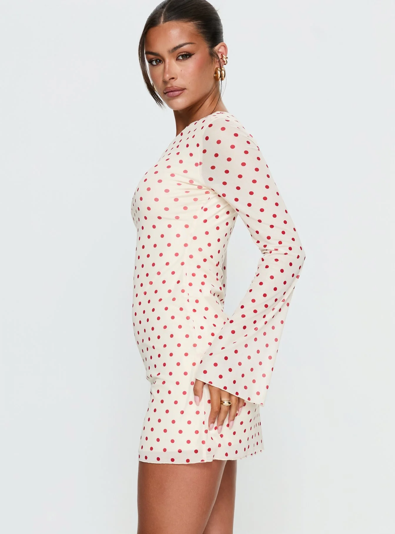 Nyxia Long Sleeve Mini Dress Cream / Red Polka