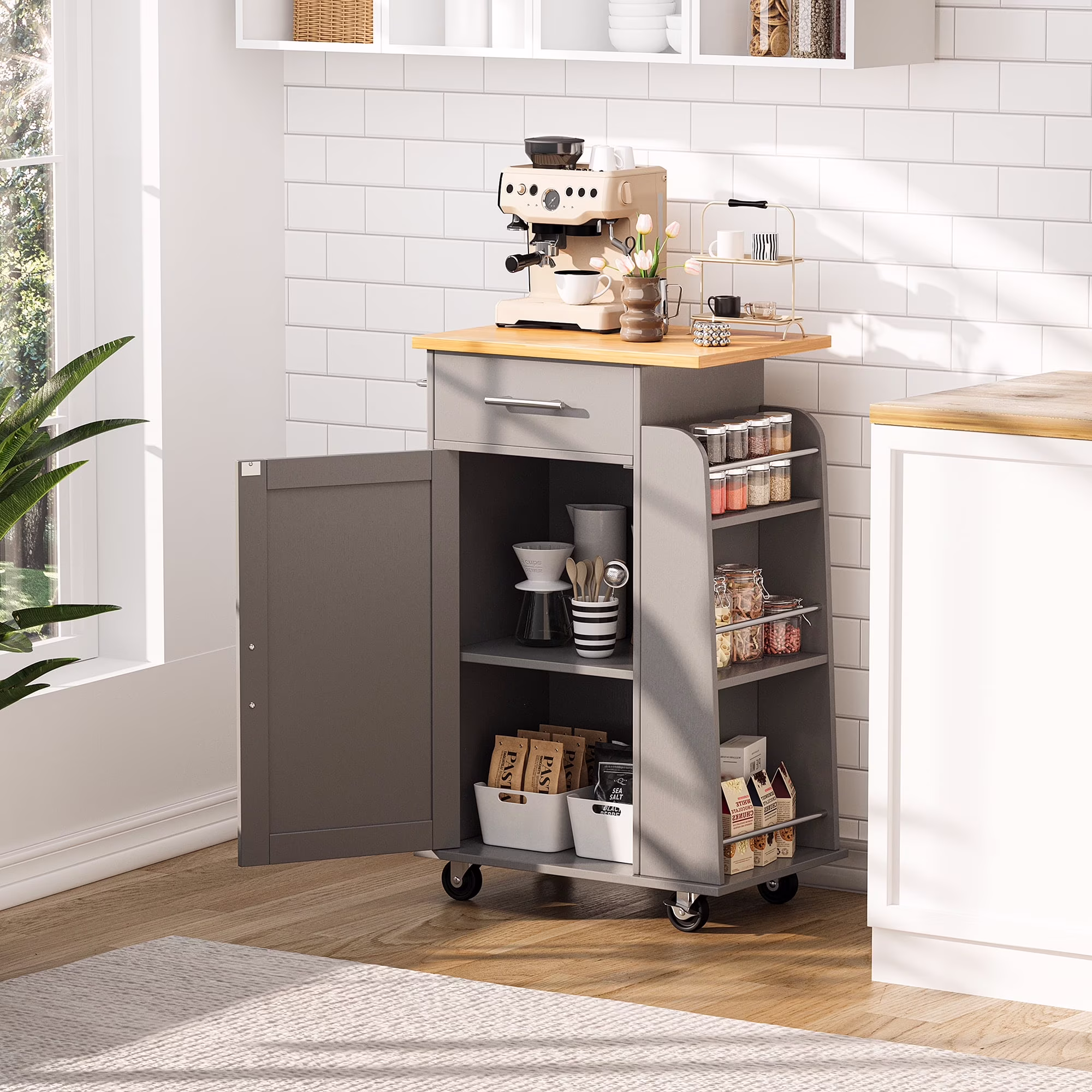 Walsunny Kitchen Island Roller Cart with Storage, Utility Cart with Locking Wheels with 3 Sides Wine Rack, Adjustable Shelves Grey