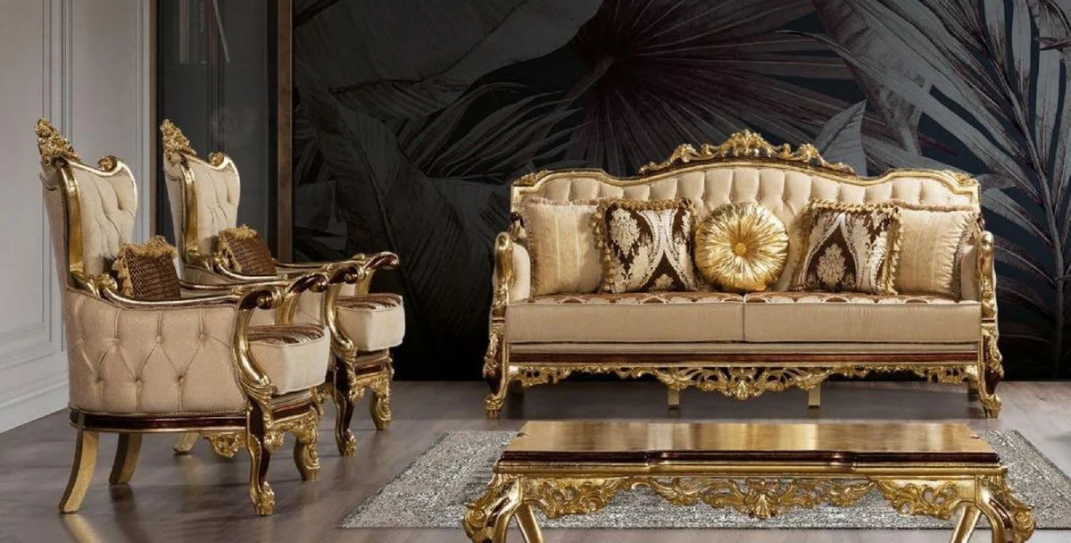 Luxury Baroque Living Room Set Beige / Brown / Gold - 2 Baroque Sofas with Pattern & 2 Baroque Armchairs with Pattern & 1 Baroque Coffee Table - Baroque Living Room Furniture