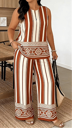 Women's Printed Casual Set with Round Neck and Side Slits - Nordfashionstorm - Women's Clothing, Fashion for You - Nordfashionstorm.com