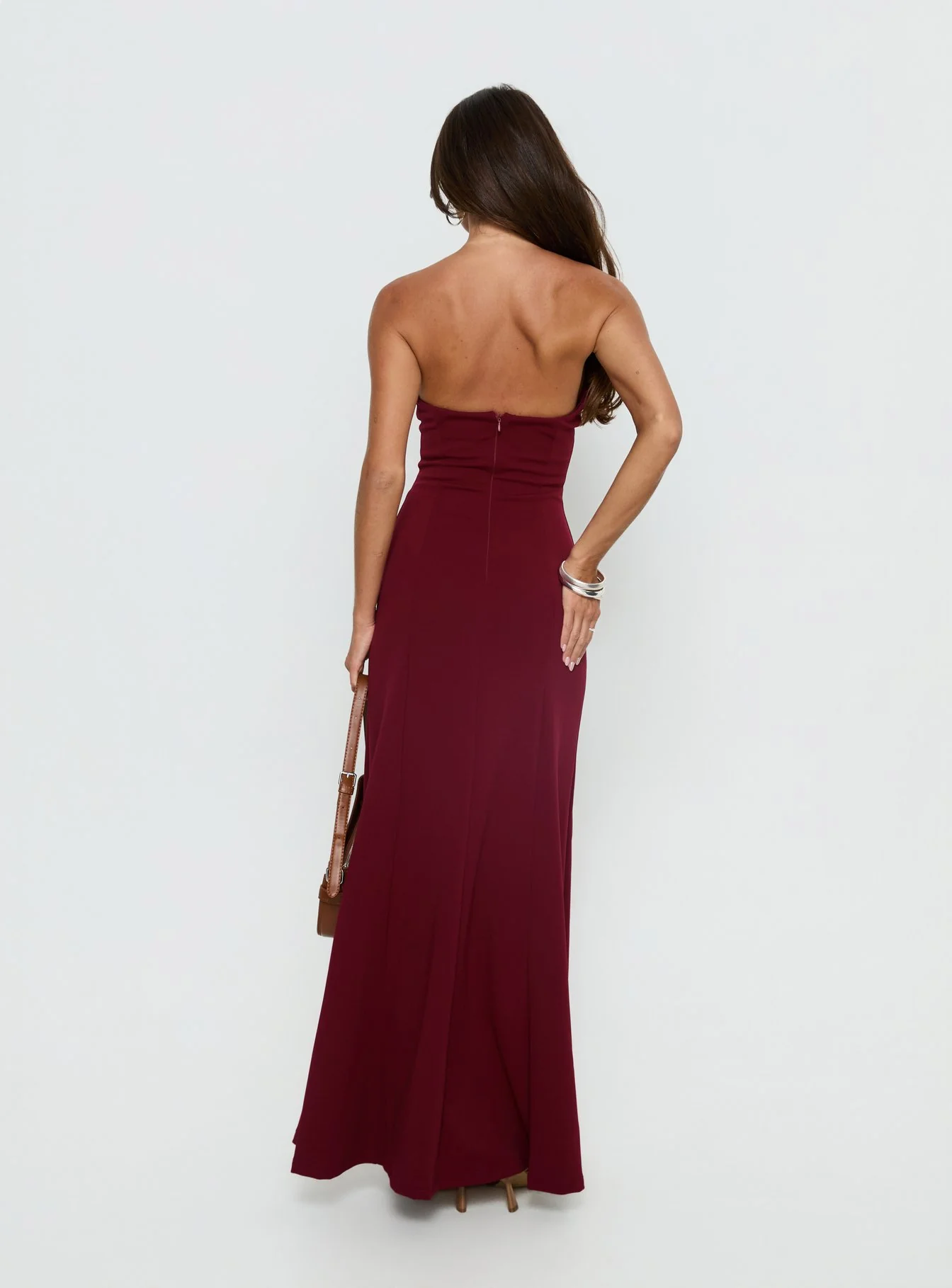 Diamanti Strapless High Slit Maxi Dress Burgundy