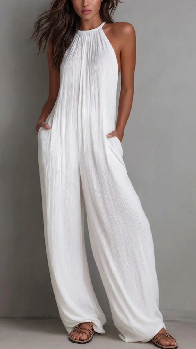 Women Minimalist Halter-neck Loose Cotton-linen Jumpsuit - Nordfashionstorm - Women's Clothing, Fashion for You - Nordfashionstorm.com
