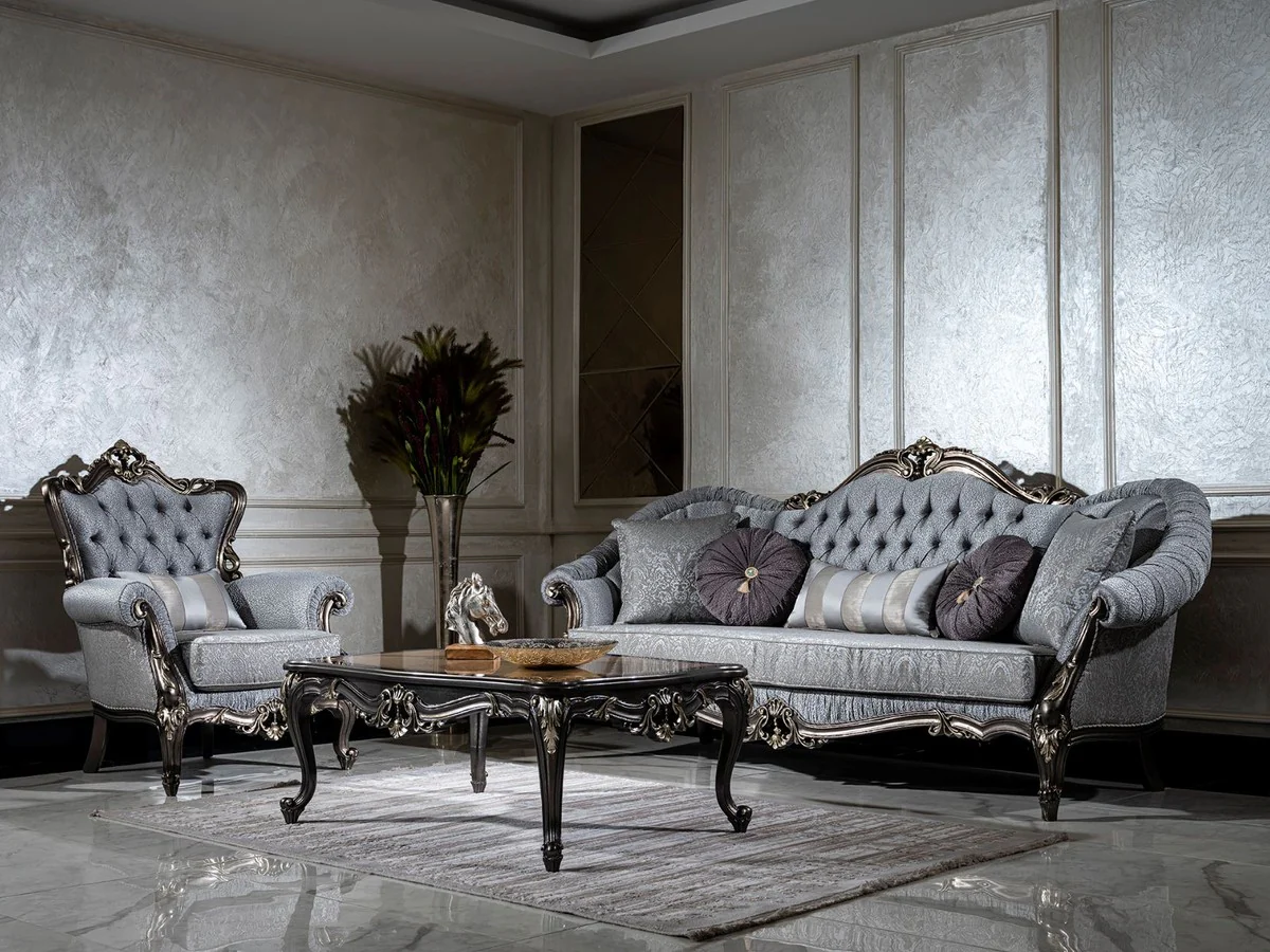 Luxury Baroque Living Room Set Light Blue / Gray / Dark Gray / Gold - 2 Sofas & 2 Armchairs & 1 Coffee Table - Handmade Living Room Furniture in Baroque Style - Noble & Magnificent