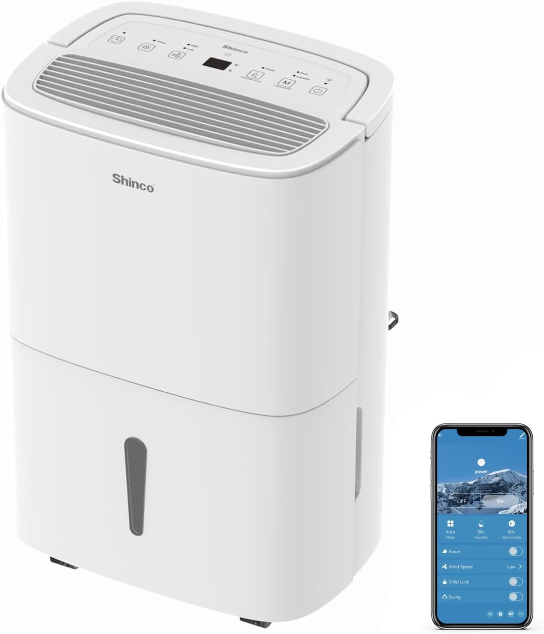 Shinco WIFI Deumidificatore Portatile 50L/Giorno con Pompa di Sollevamento, Purificatore d'aria, Filtro a Carbone Attivo, Timer 24 Ore, Scarico Continuo, Funzione Asciugatrice, Bianco