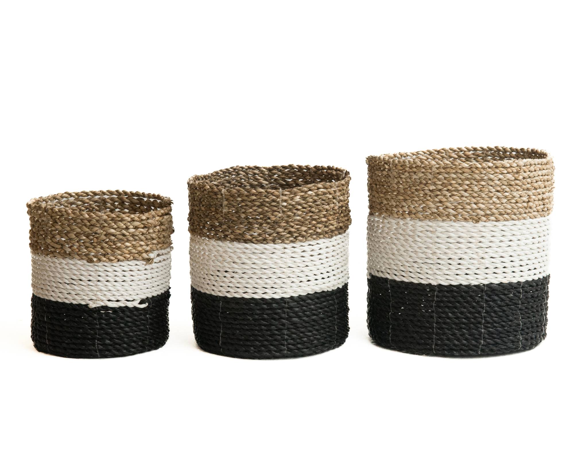 Set seagrass plantenmanden zwart/wit/naturel S+M+L