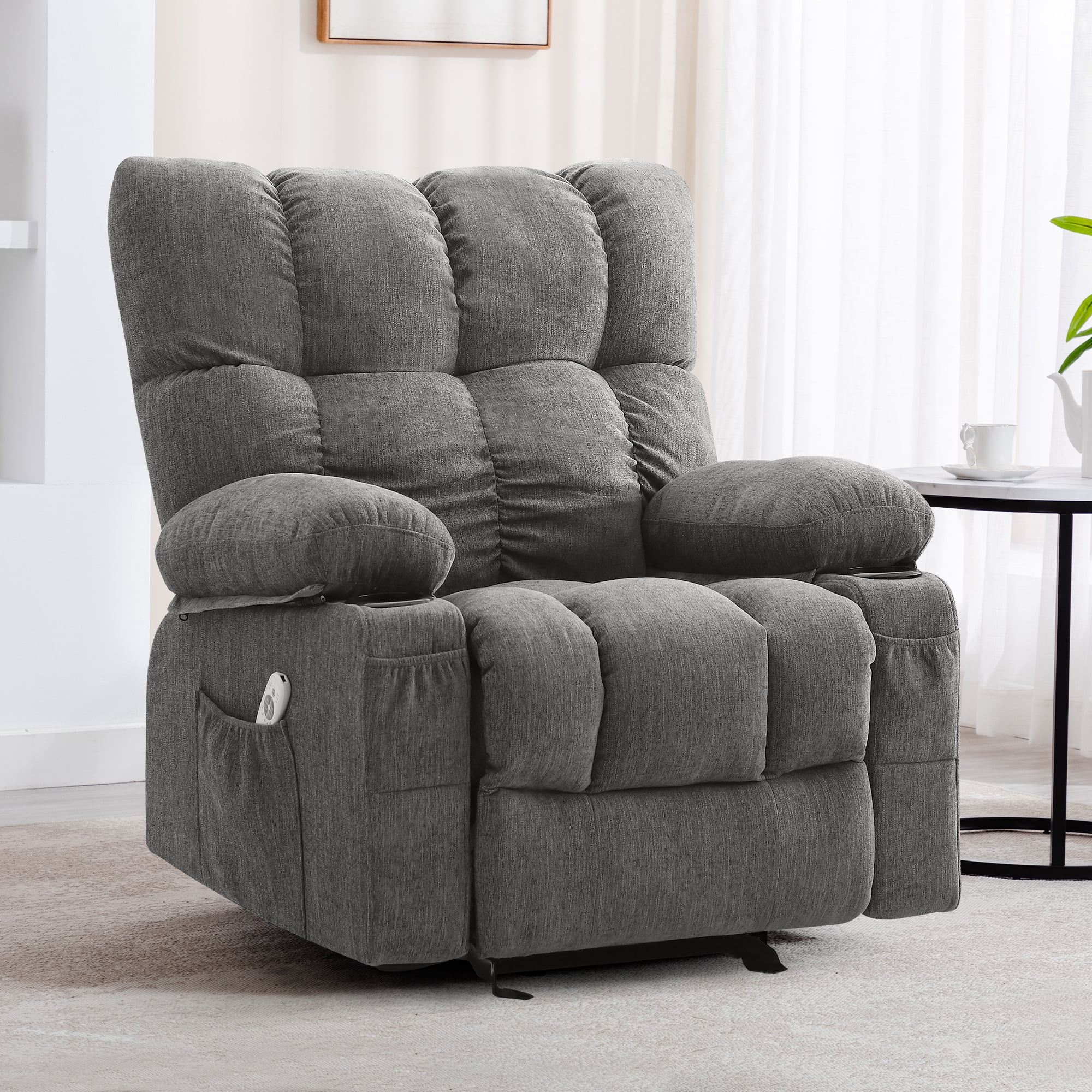 JONPONY Manual Recliner Chair with Heat Therapy and Massage Function, Heavy Duty Reclining Mechanism Massage Chair, Elderly Single Rocker Sofa with Cup Holders for Bedroom Home Theater, Grey