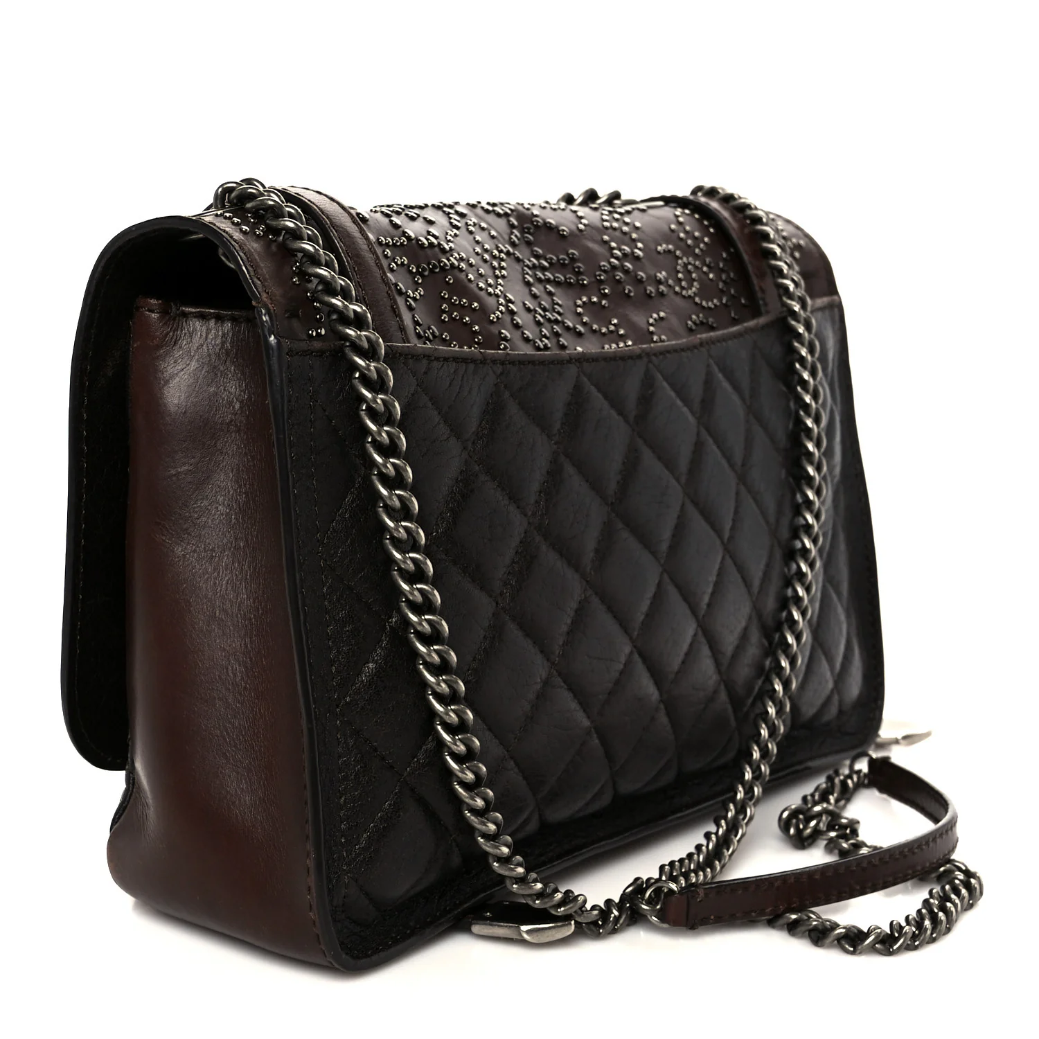 Calfskin Lambskin Studded Paris Dallas Texan Flap Brown Black - Top Club