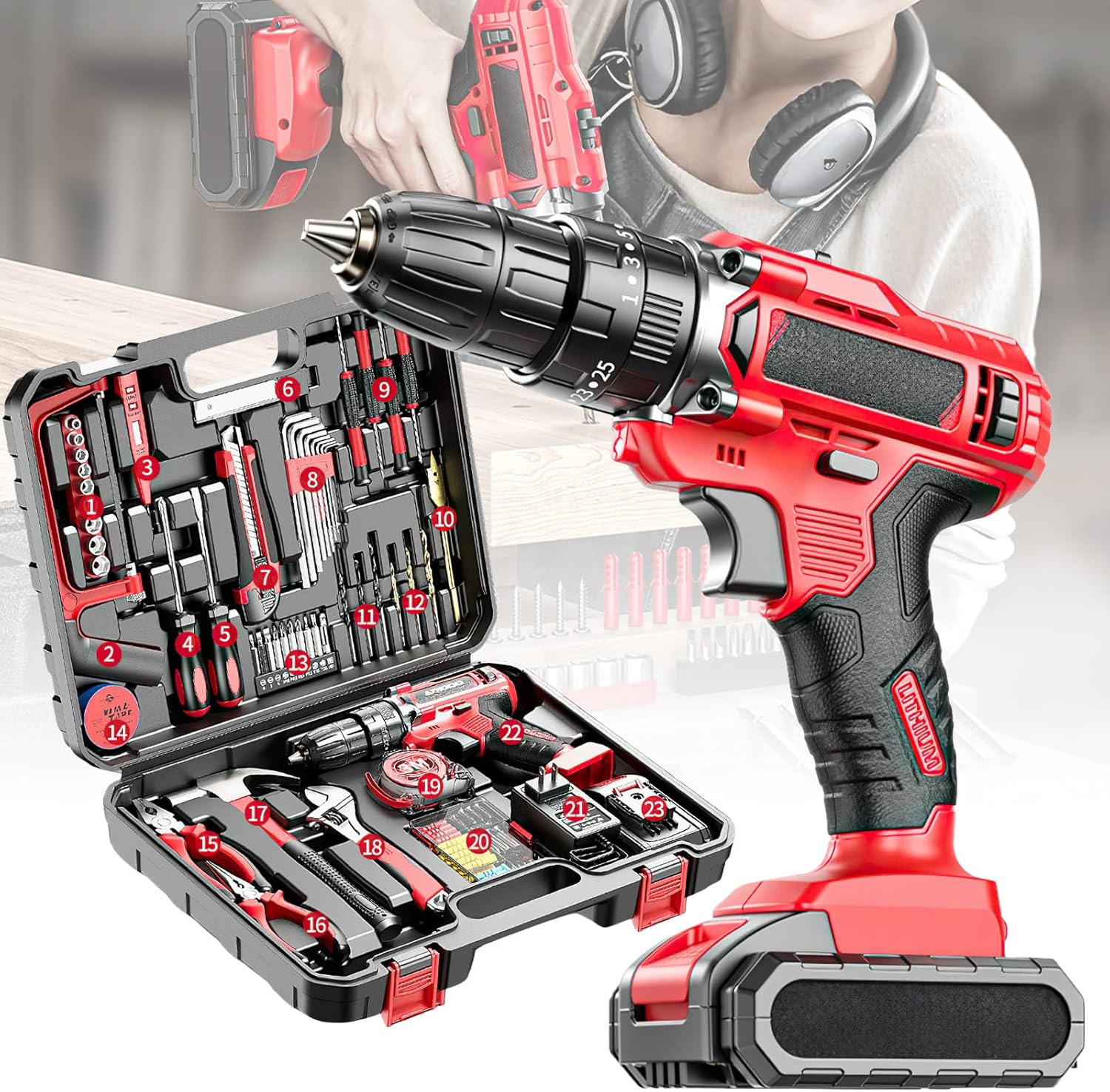 Cassetta per attrezzi con trapano avvitatore multifunzione senza fili 21 V, 117 pezzi, custodia completa con batteria 2 1500 mAh, set di attrezzi con trapano per riparazione, manutenzione e lavoro