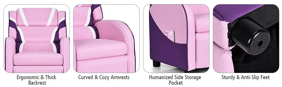 Eletriclife Kids Recliner Chair Adjustable PU Leather Gaming Sofa with Footrest, Lumbar Support & Side Pockets