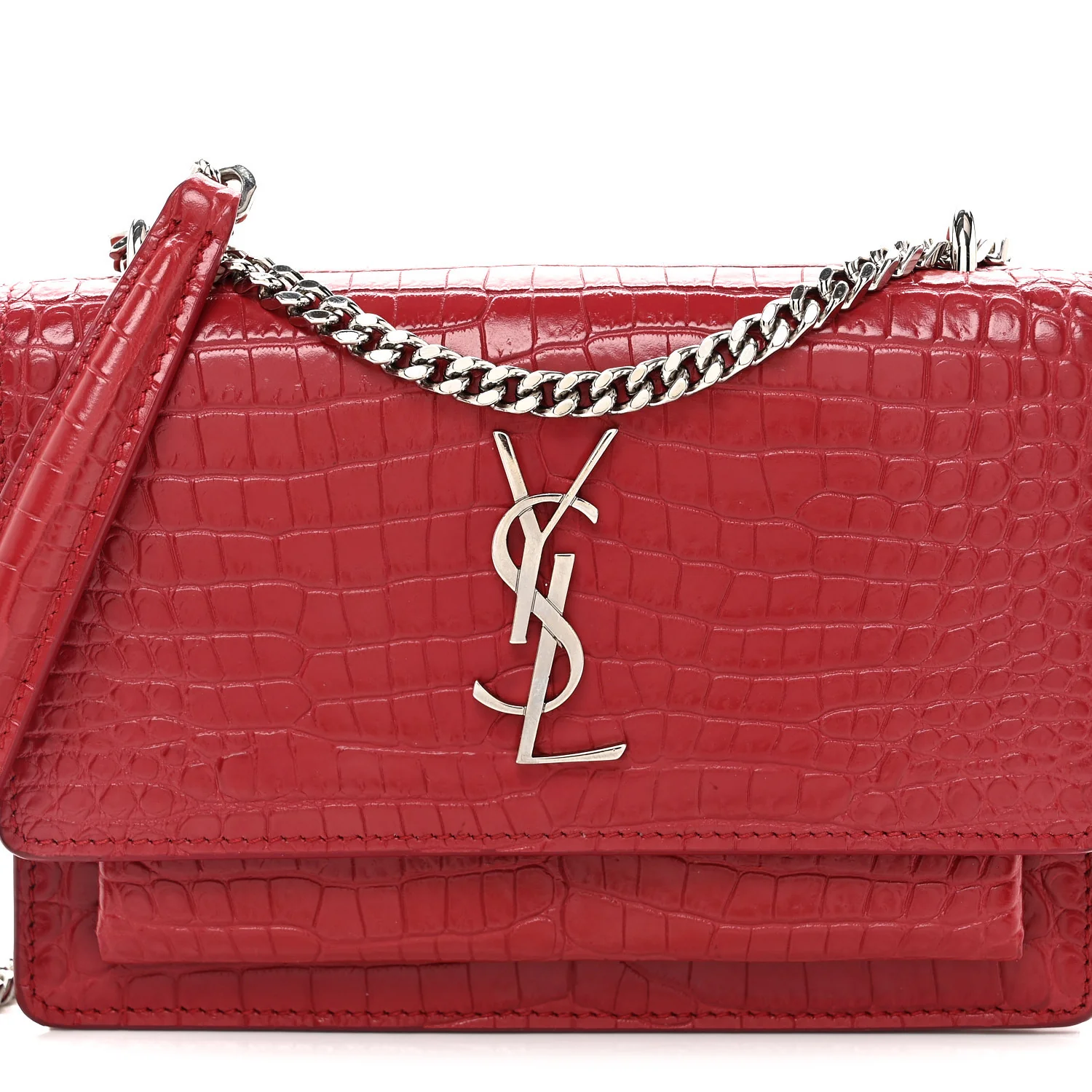 Calfskin Crocodile Embossed Monogram Sunset Chain Wallet Rouge Eros - Top Club